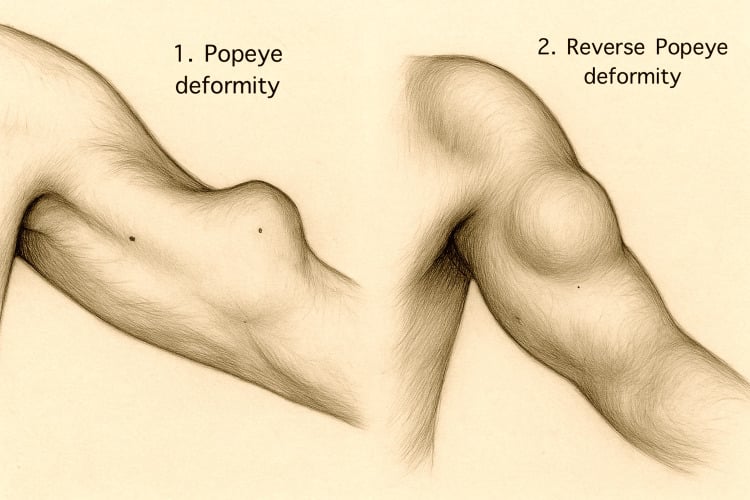 Anatomical illustration contrasting Popeye vs Reverse Popeye deformity