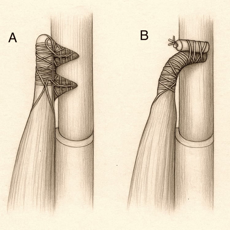 Anatomical illustration comparing inlay tension-slide vs onlay distal biceps repair techniques
