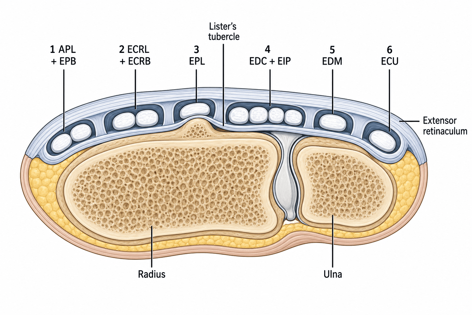Axial cross-section of the distal radius and ulna showing the six dorsal extensor compartments and their tendon contents beneath the extensor retinaculum