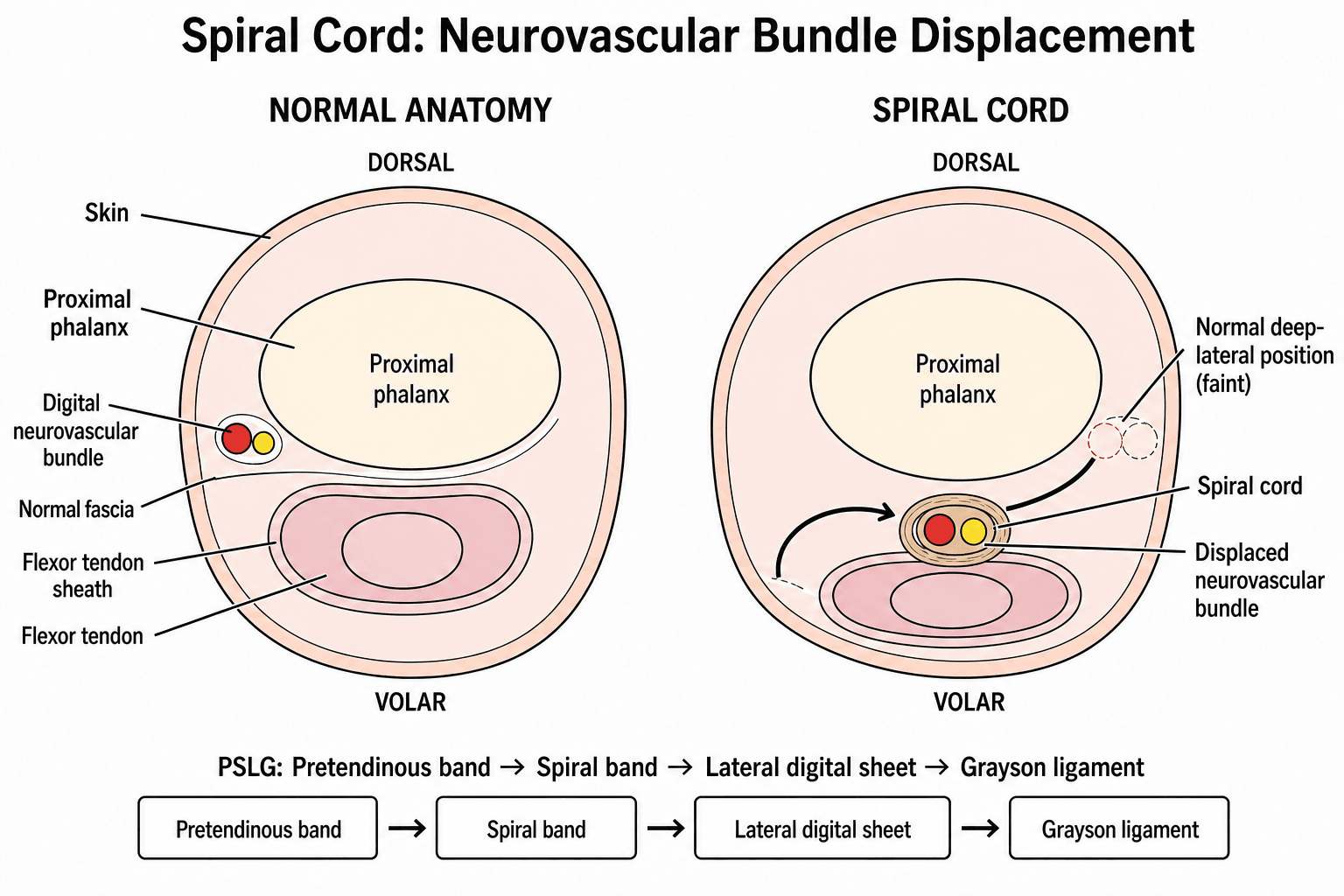 Cross-sectional schematic comparing normal digital neurovascular bundle position with its displacement by the spiral cord to a central and superficial position.