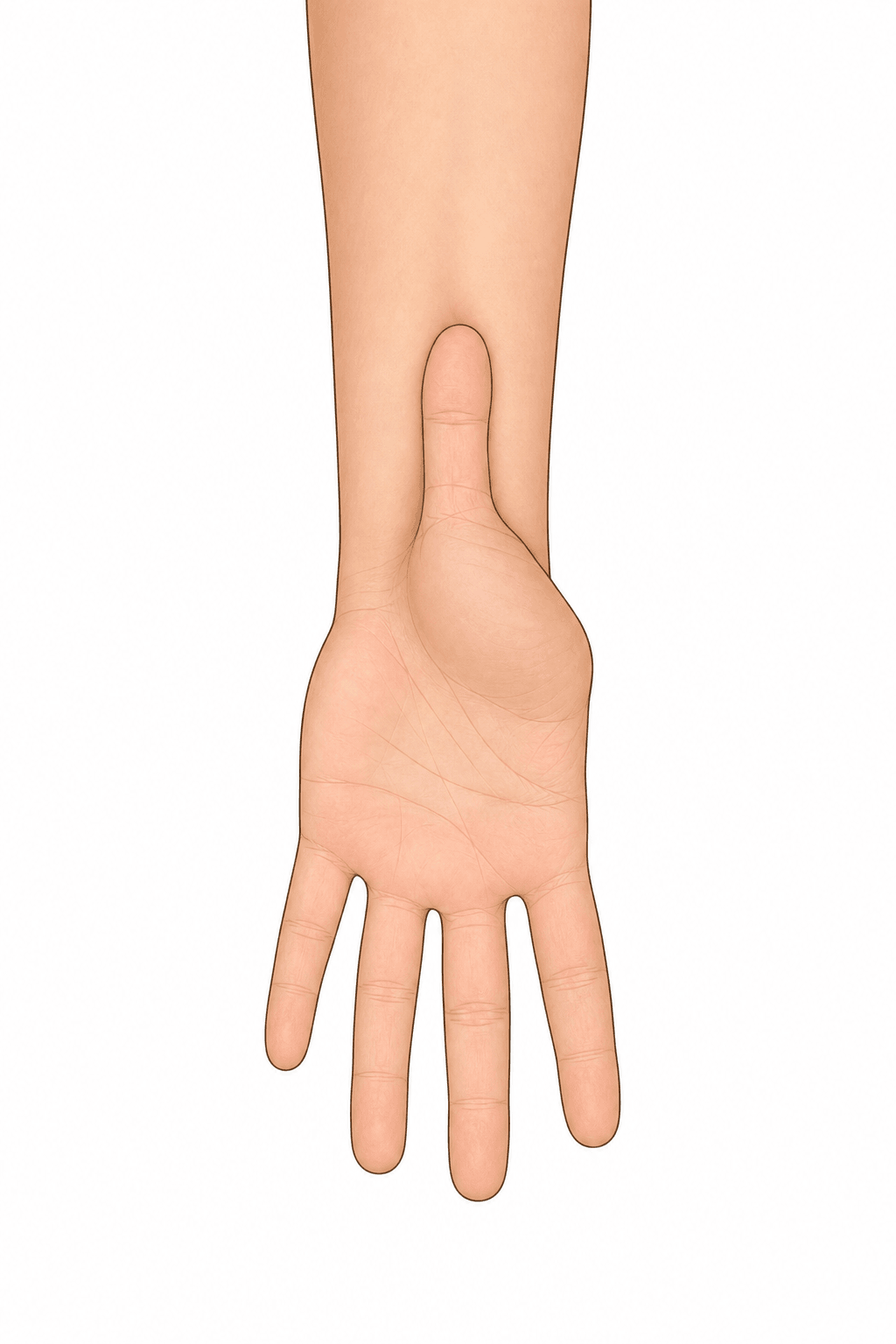 Palmar view of a hand and forearm with the thumb folded back to lie flat against the flexor surface of the forearm