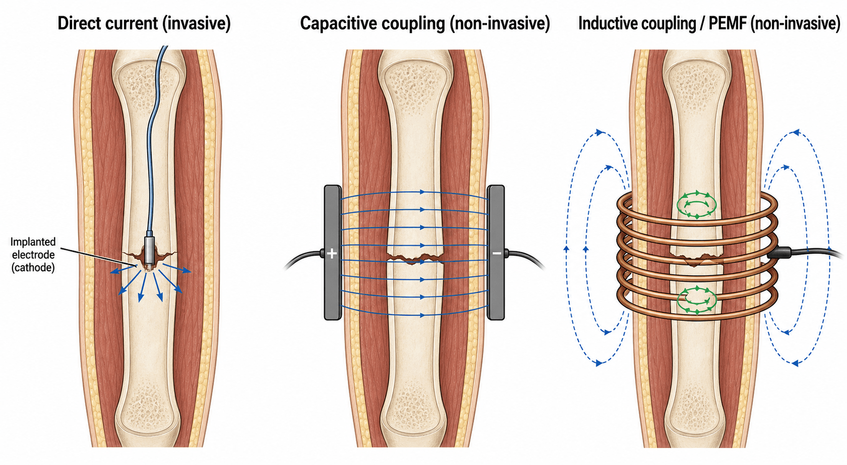 Diagram of the three bone-growth stimulation modalities: invasive direct current, capacitive coupling, and inductive coupling/PEMF