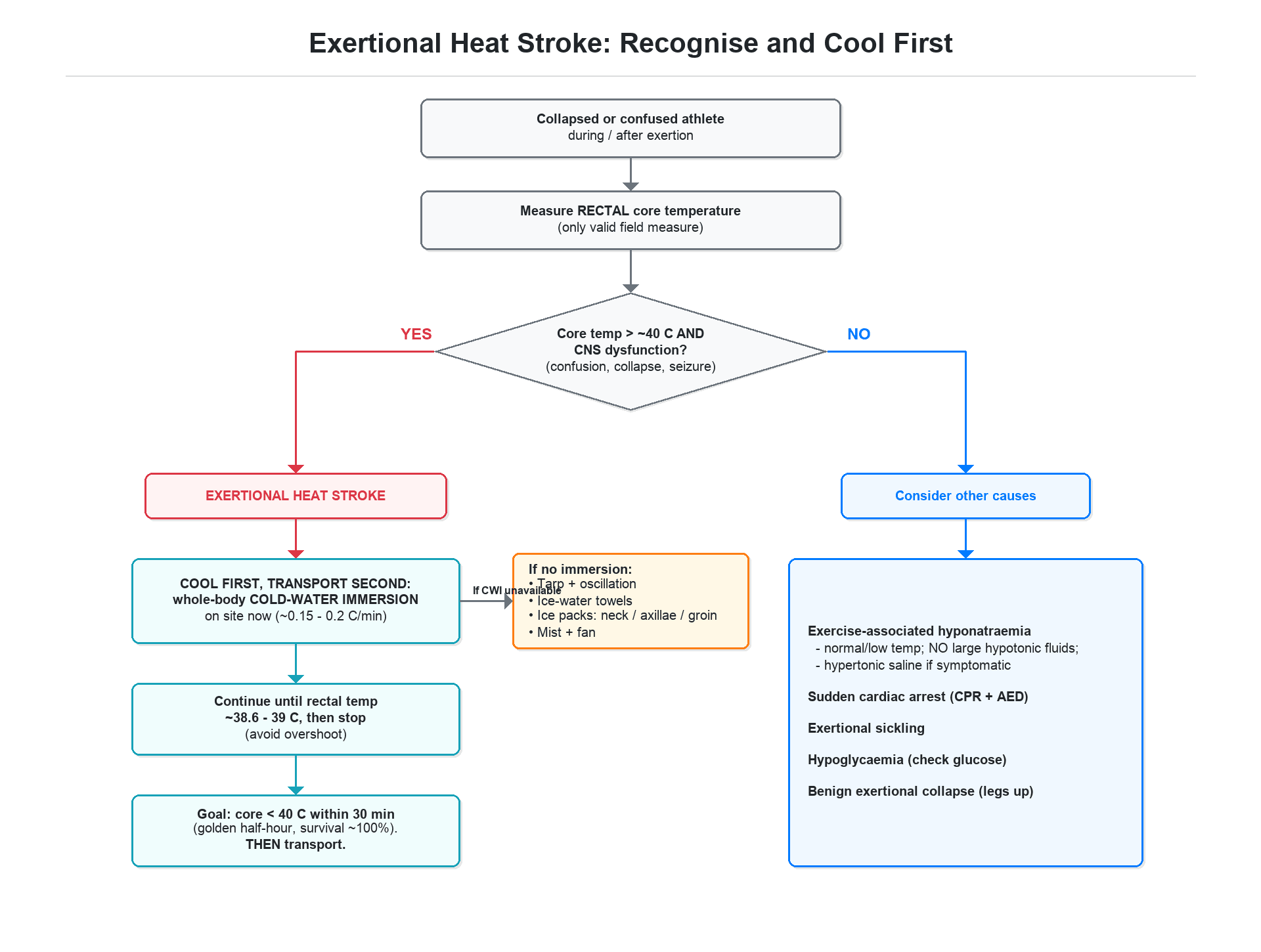 Flowchart for the collapsed exercising athlete: measure rectal core temperature, diagnose exertional heat stroke if core over 40 C with CNS dysfunction, then cool first with cold-water immersion before transport, with the alternative-cooling and differential branches