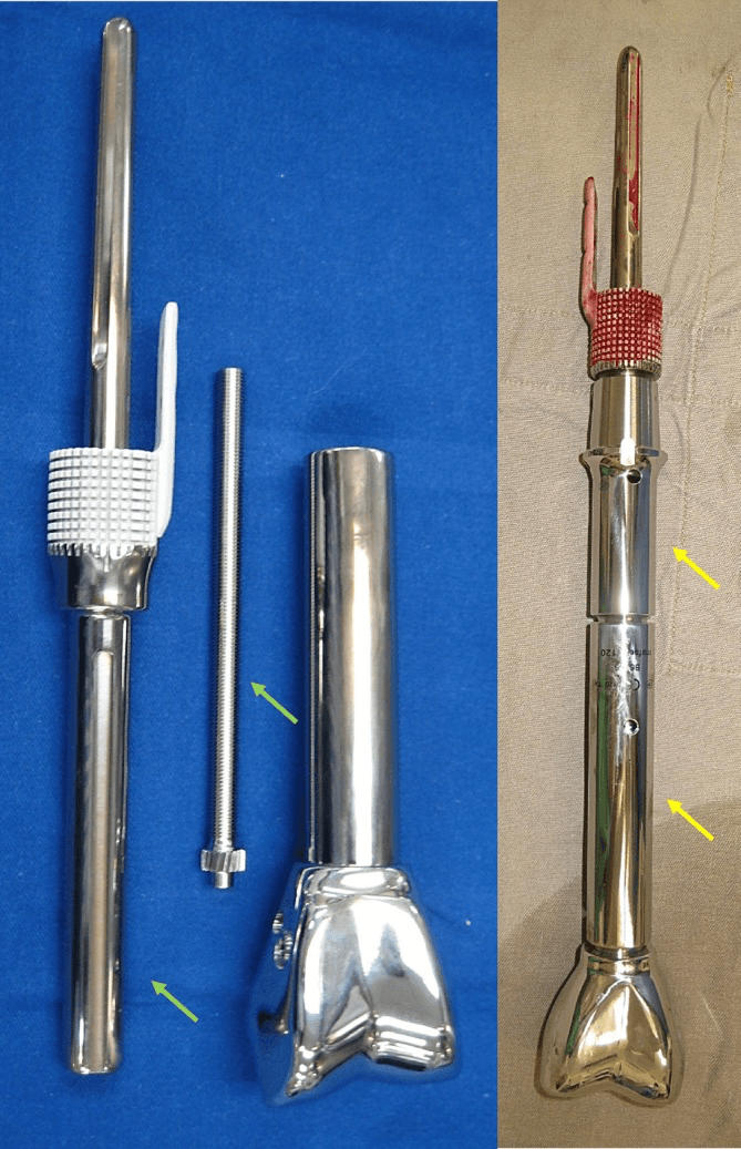 Component photographs comparing minimally invasive extendable and modular distal femur endoprostheses