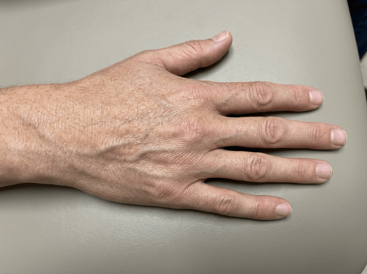 Clinical photograph of a hand resting palm-down on a flat surface with the thumb lying flat, unable to lift off the table, in extensor pollicis longus rupture.