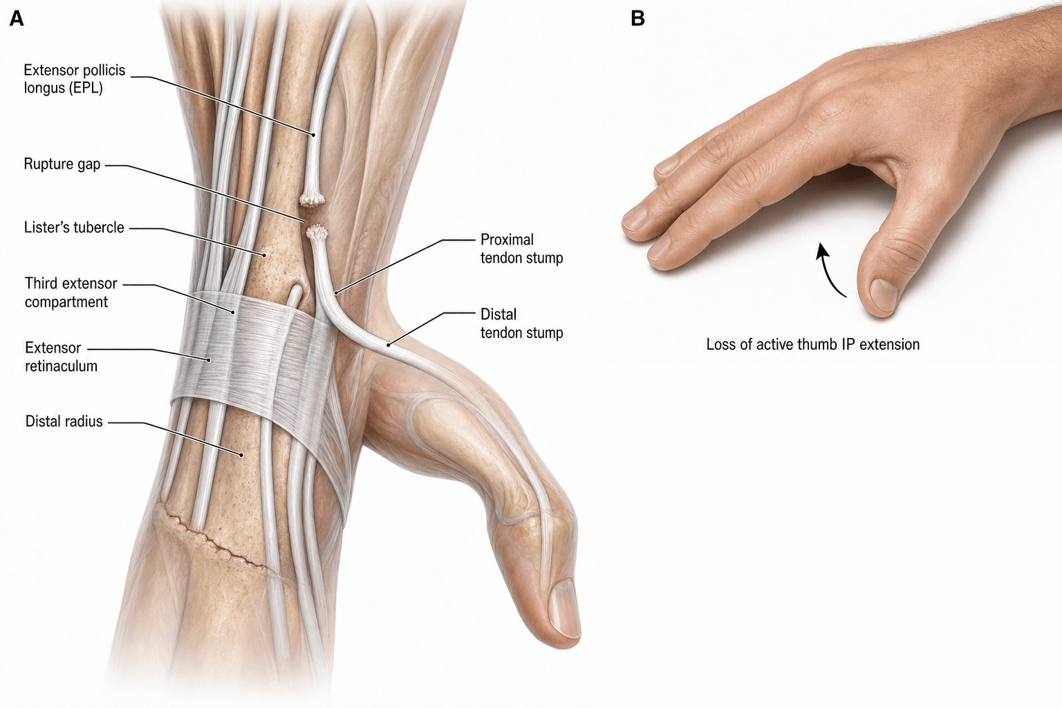 EPL tendon rupture at Lister's tubercle after distal radius fracture: loss of thumb retropulsion/IP extension