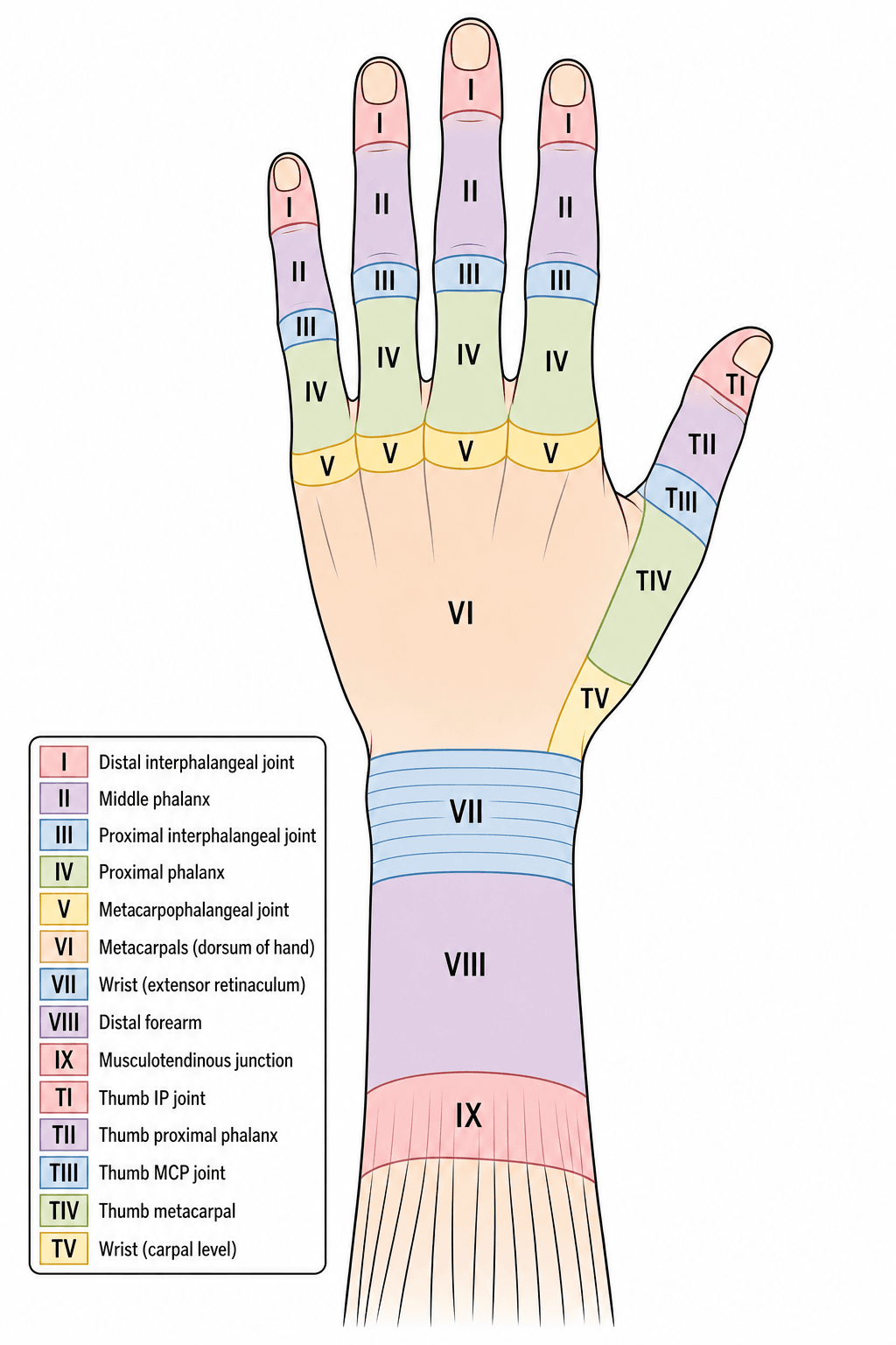 Verdan zone classification diagram of the dorsal hand and forearm, zones I-IX and thumb zones TI-TV
