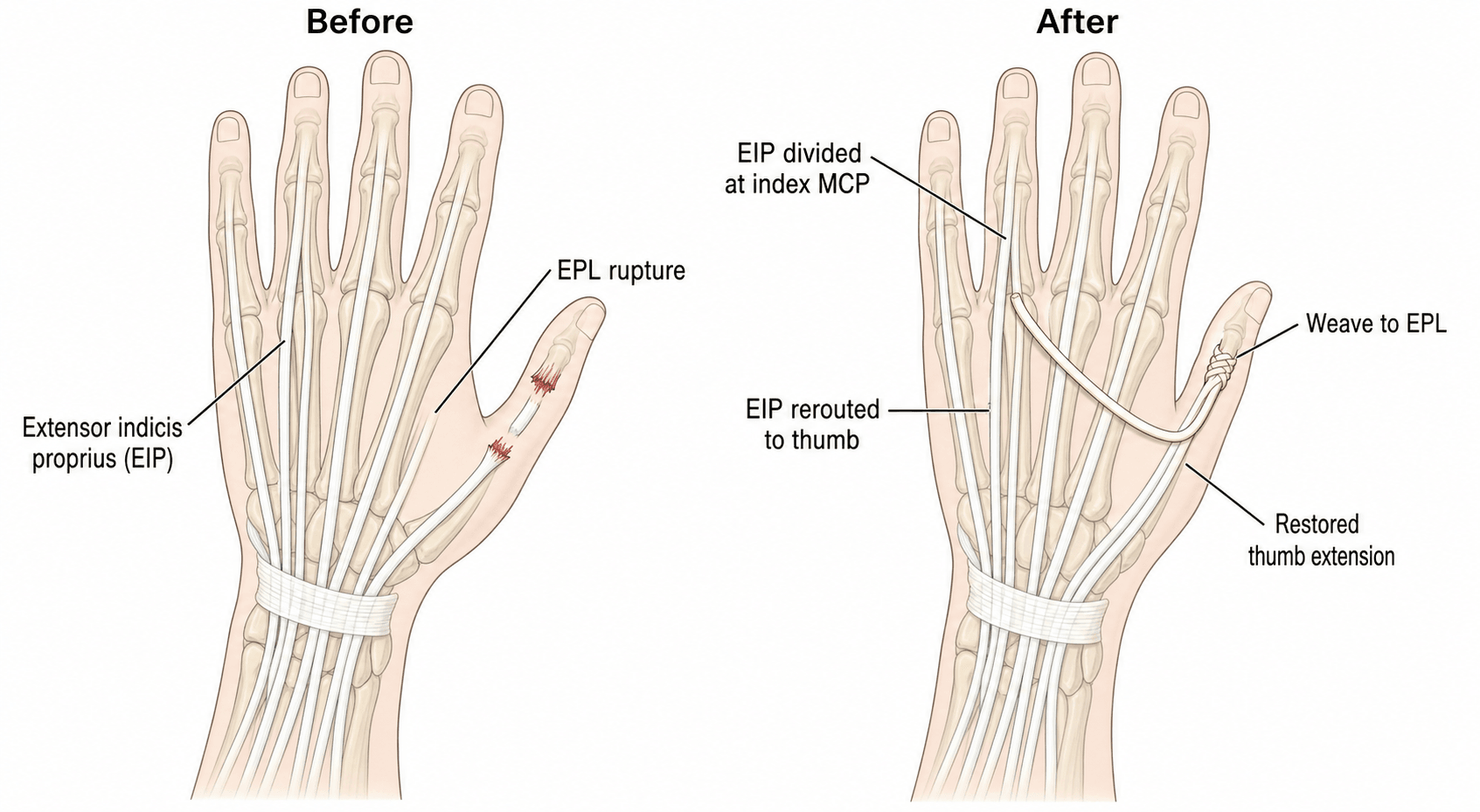 Diagram of the EIP-to-EPL tendon transfer: the extensor indicis proprius is divided at the index MCP, rerouted to the thumb and woven into the ruptured EPL