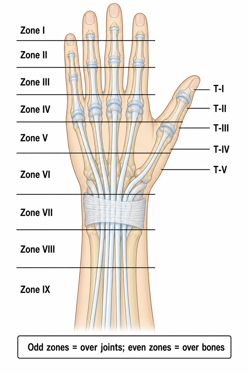 Verdan extensor tendon zones of the hand and wrist, Zones I to IX and thumb zones T-I to T-V