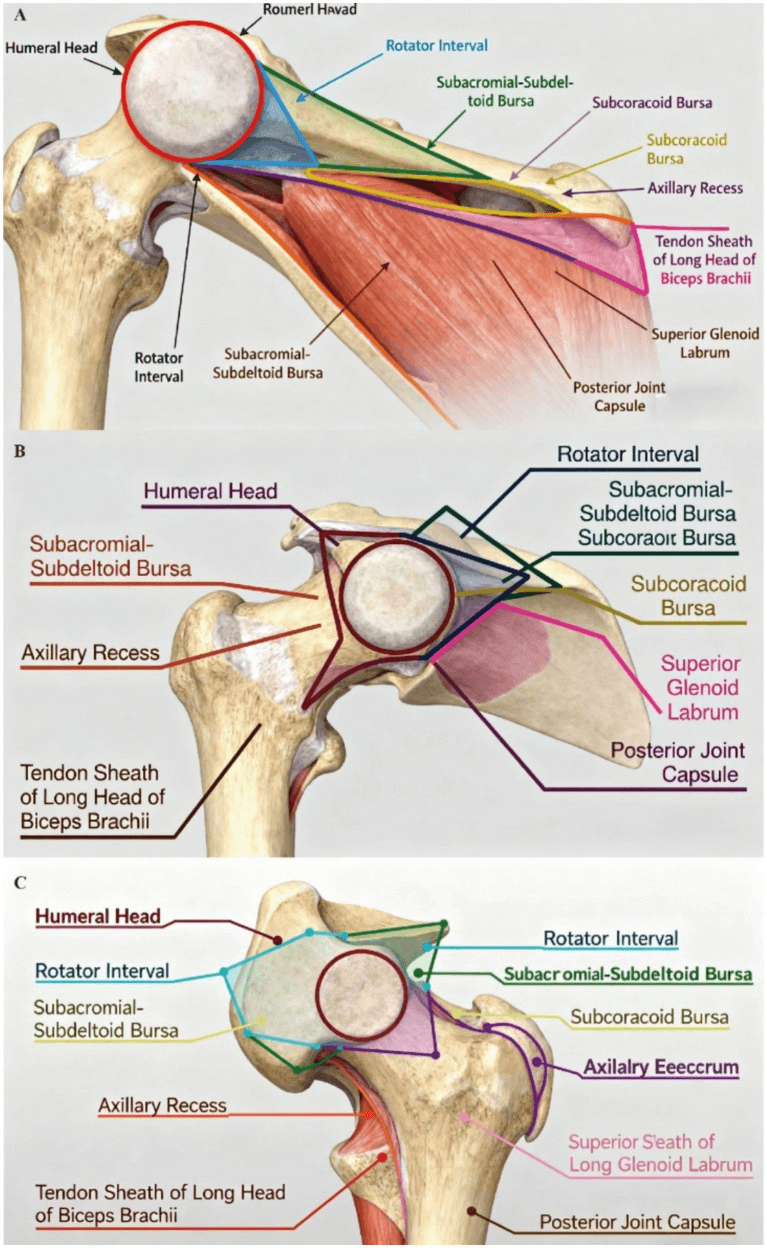 Three labelled shoulder anatomy illustrations (A-C) marking the humeral head, rotator interval, subacromial-subdeltoid bursa, subcoracoid bursa, axillary recess and tendon sheath of the long head of biceps