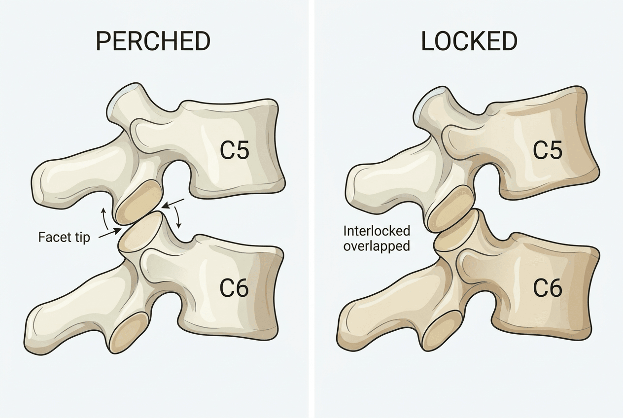 Schematic comparing a perched (tip-to-tip) unilateral cervical facet dislocation to a locked (interlocked, overlapped) unilateral facet dislocation at C5-6.