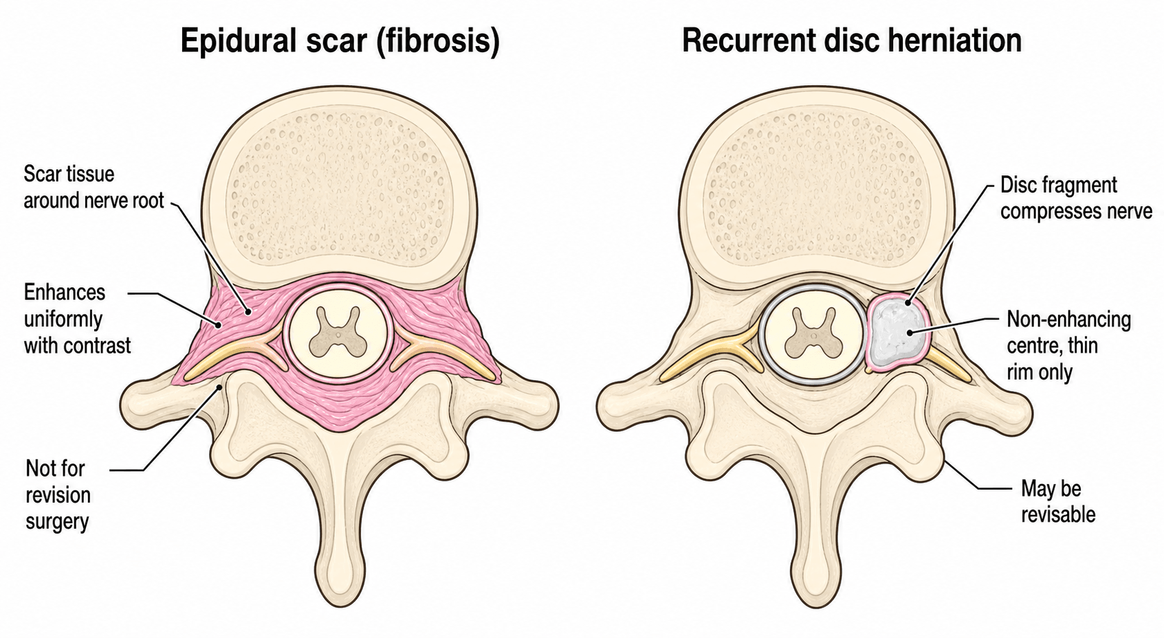 Diagram contrasting enhancing epidural scar with a non-enhancing recurrent disc herniation on gadolinium MRI.