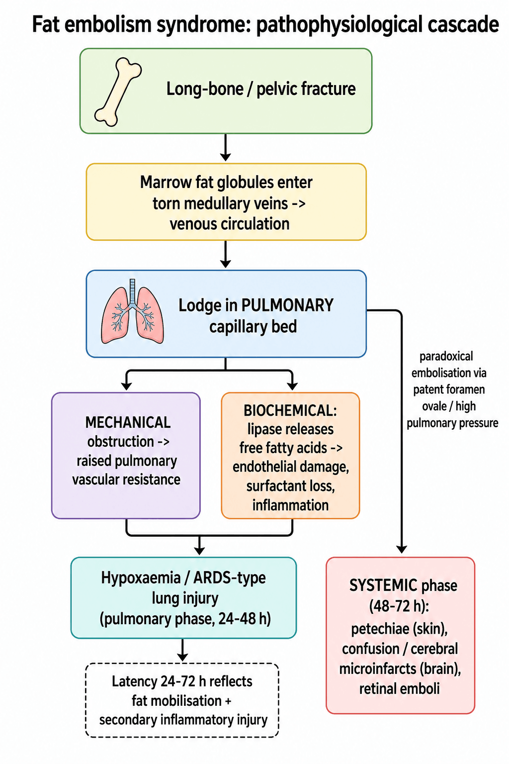 Flow diagram of fat embolism syndrome pathophysiology from fracture through pulmonary mechanical and biochemical injury to the systemic phase