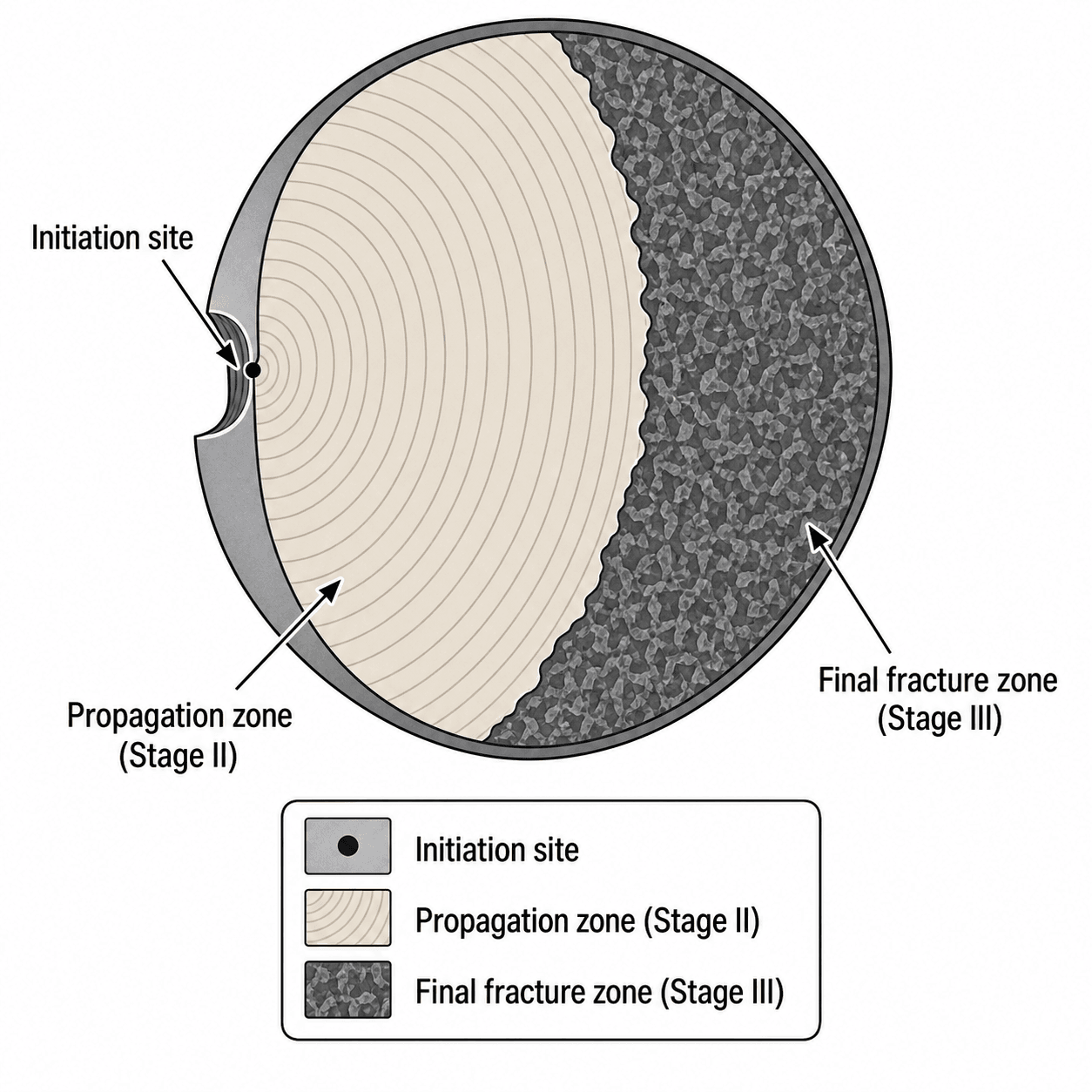 Labelled schematic of a fatigue fracture surface cross-section showing the initiation site, propagation zone with beach marks, and rough final fracture zone