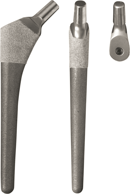 Photograph of a modular femoral stem implant with a three-dimensional tapered body.