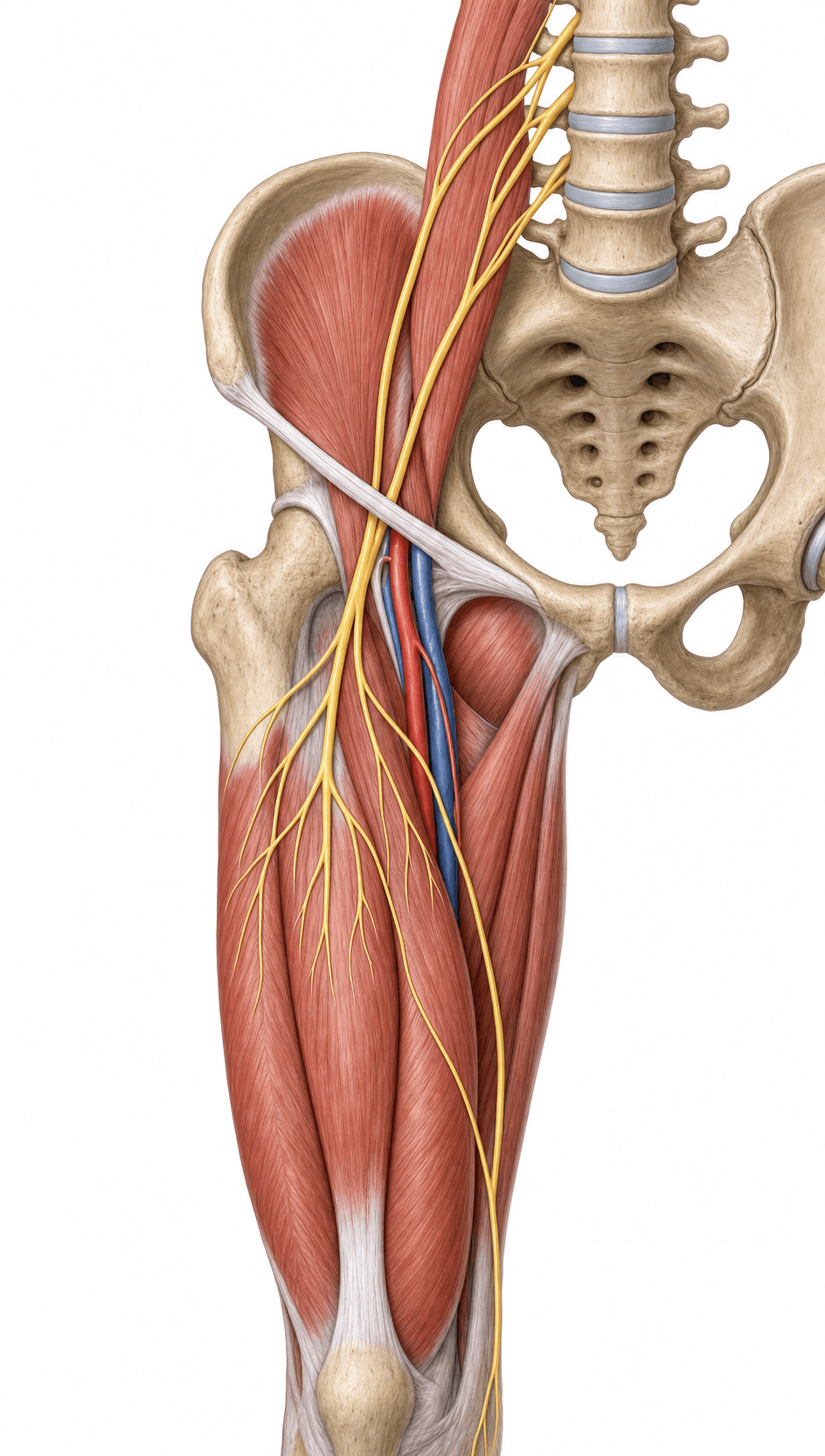 Anatomical illustration of the femoral nerve descending from the lumbar plexus through the pelvis under the inguinal ligament into the anterior thigh.