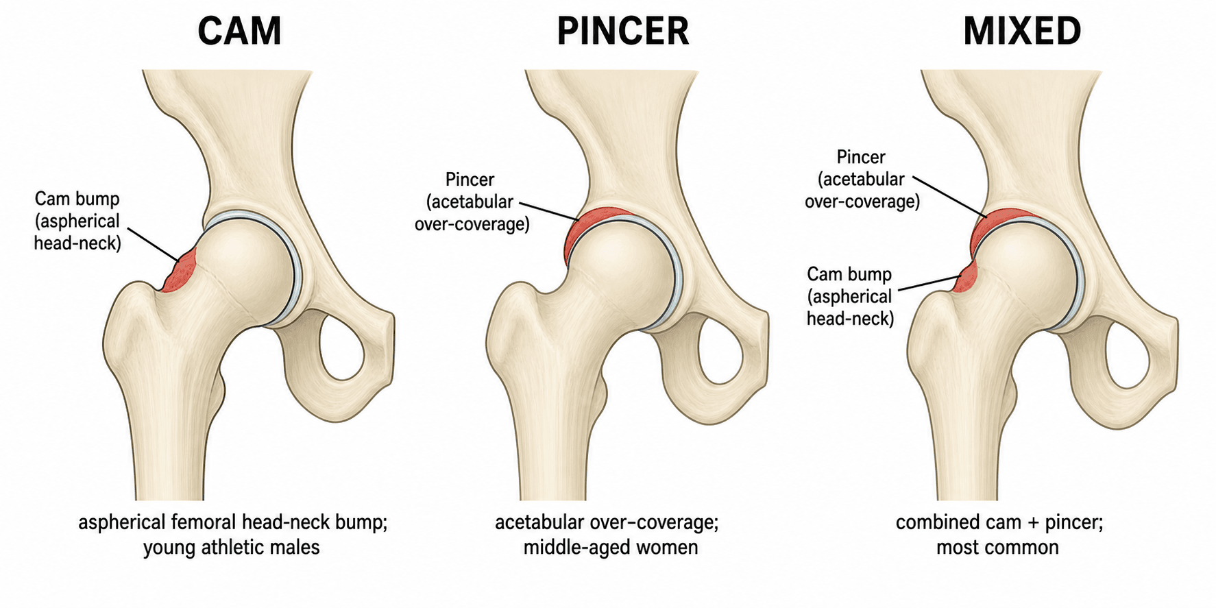 Diagram comparing cam, pincer and mixed femoroacetabular impingement morphology