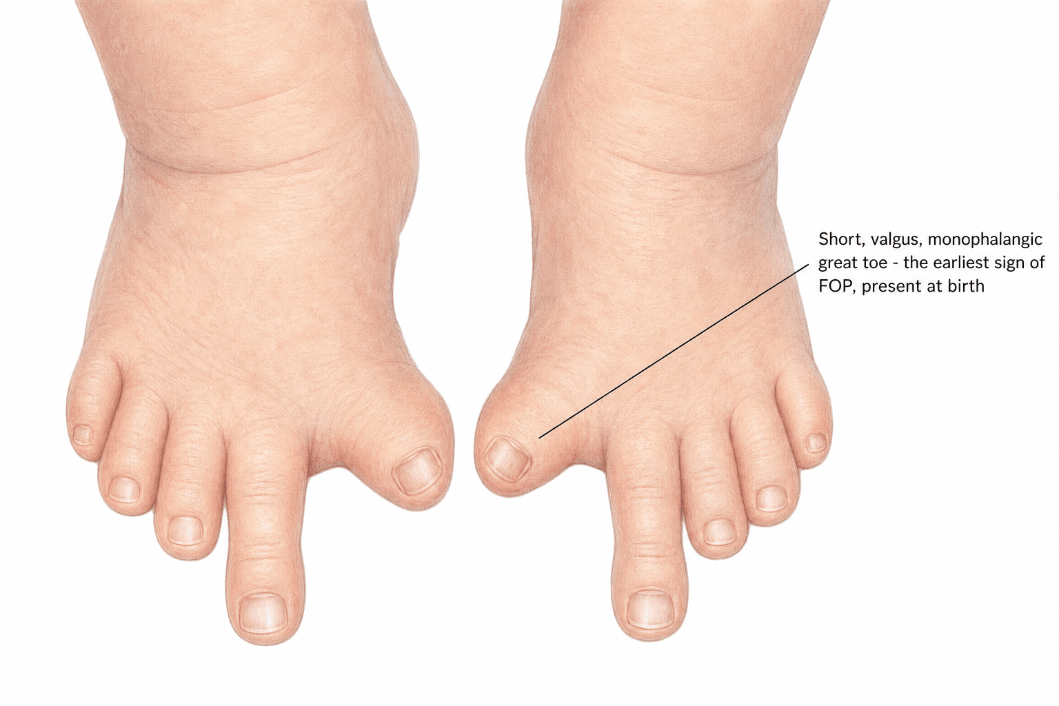 Illustration of both feet showing the classic FOP sign: short, valgus, monophalangic great toes present at birth