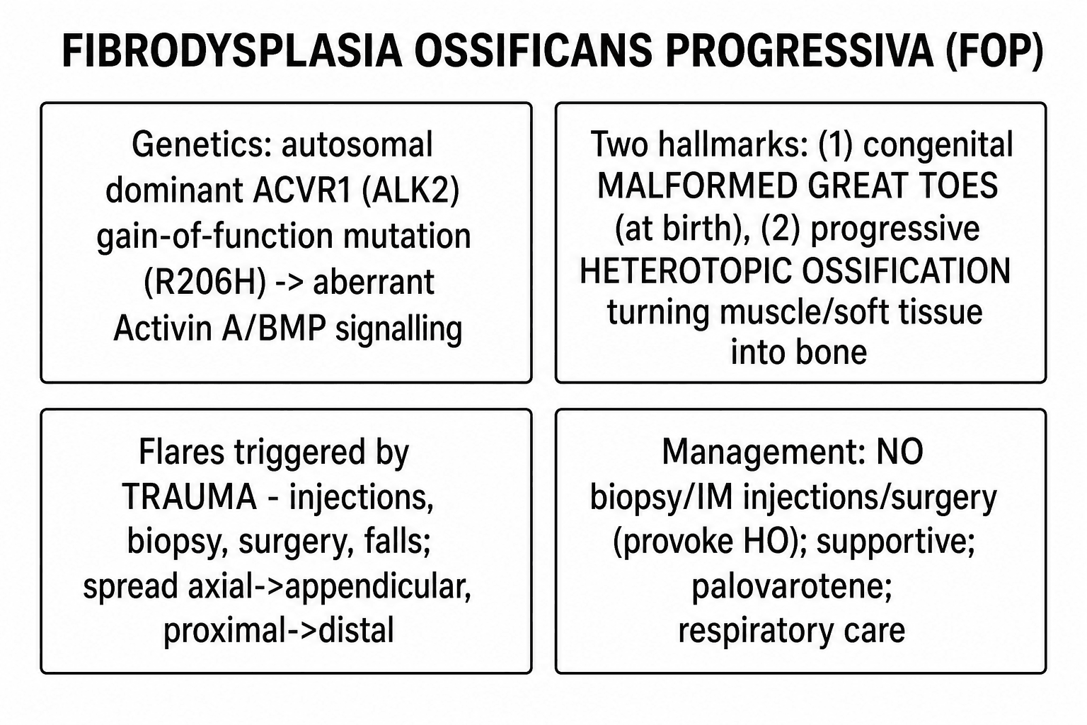 Four-box clinical summary of fibrodysplasia ossificans progressiva