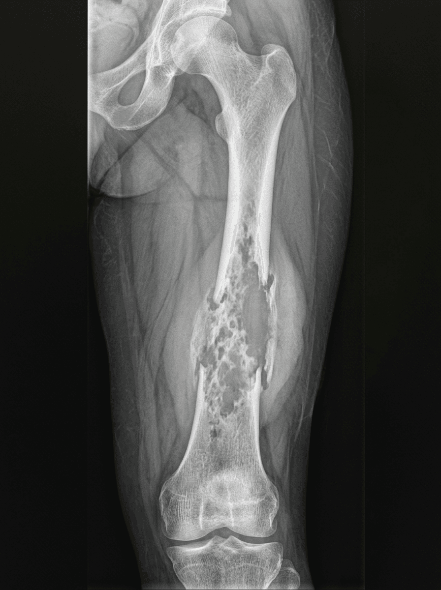 Radiograph of the femur showing a destructive lytic lesion in the diaphysis with a permeative, moth-eaten margin, cortical involvement, and no matrix calcification or ossification.