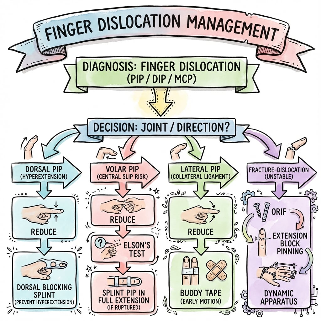 Finger dislocation management algorithm (hand-drawn sketchnote style)