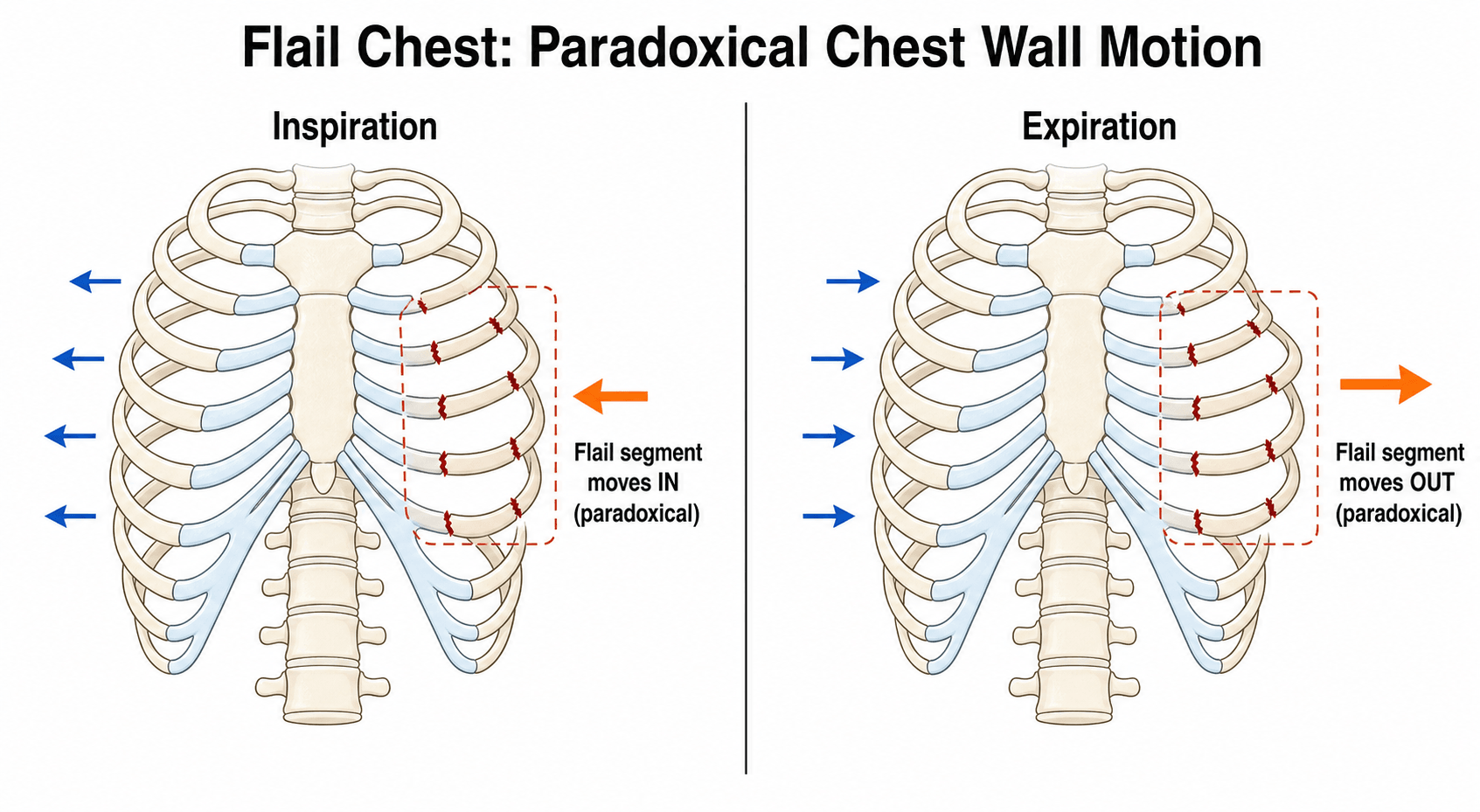 Diagram of paradoxical chest wall motion in flail chest: the flail segment moves inward on inspiration and outward on expiration, opposite to the rest of the chest wall