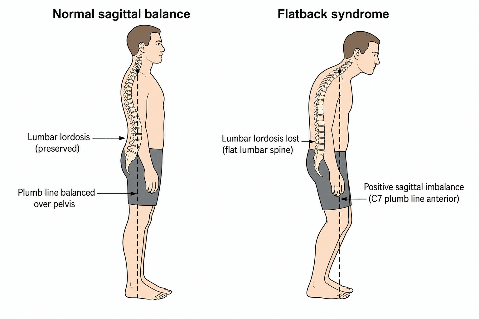 Side-view diagram comparing normal sagittal spinal balance with flatback syndrome.