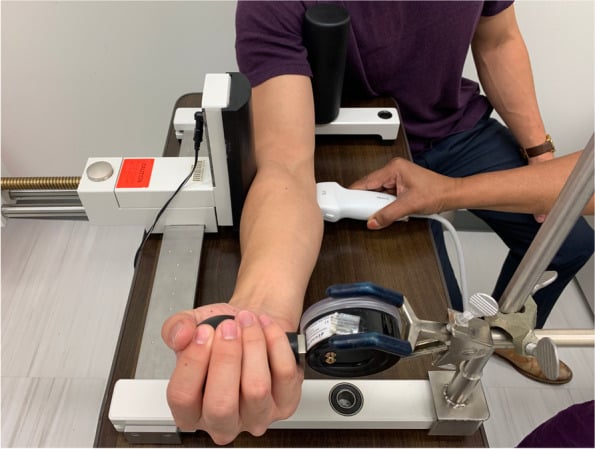 Clinical setup for controlled valgus-stress ultrasound while gripping a baseball-sized dynamometer