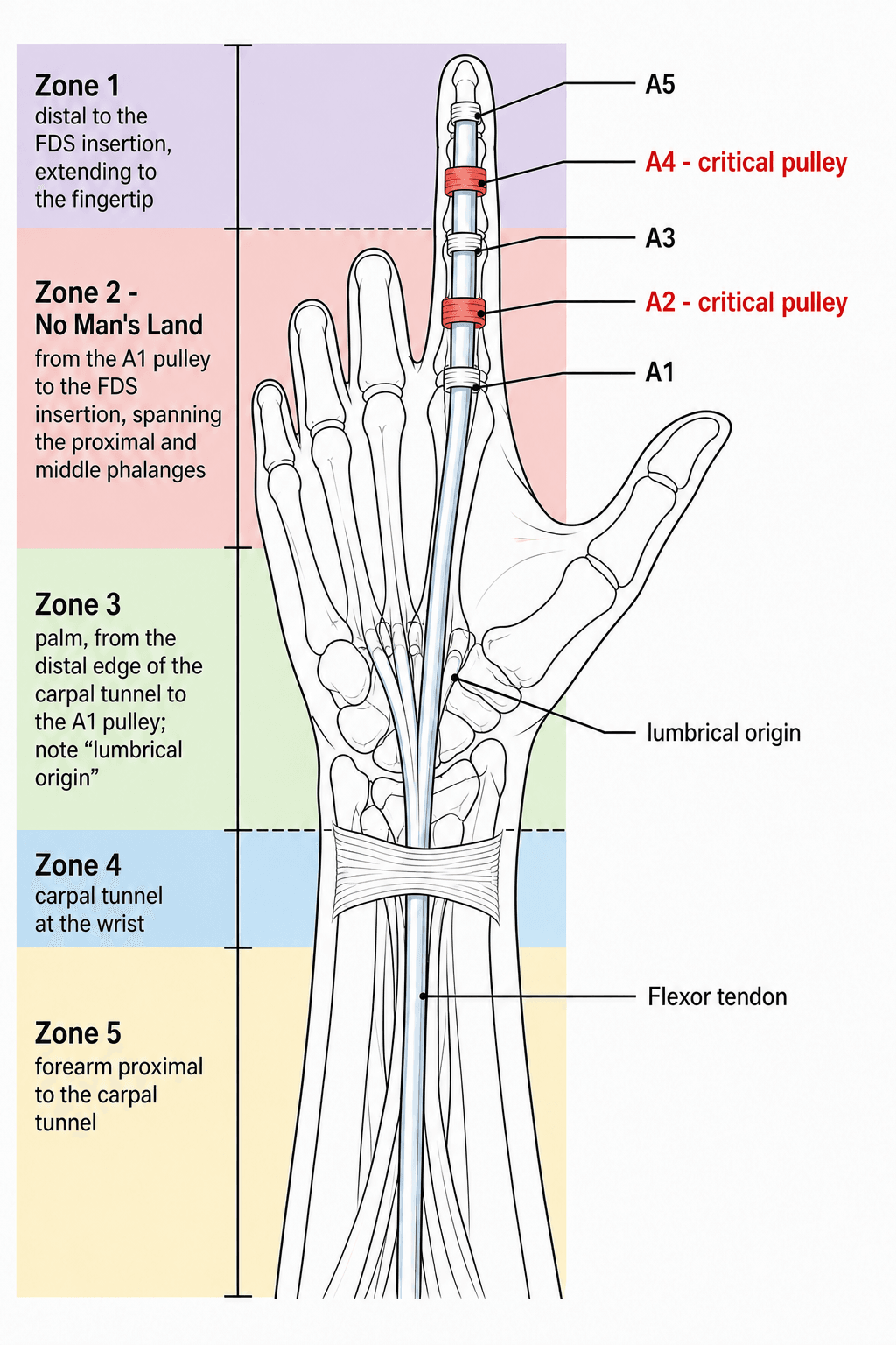 Flexor tendon zones 1 to 5 with the A1-A5 annular pulley system labelled