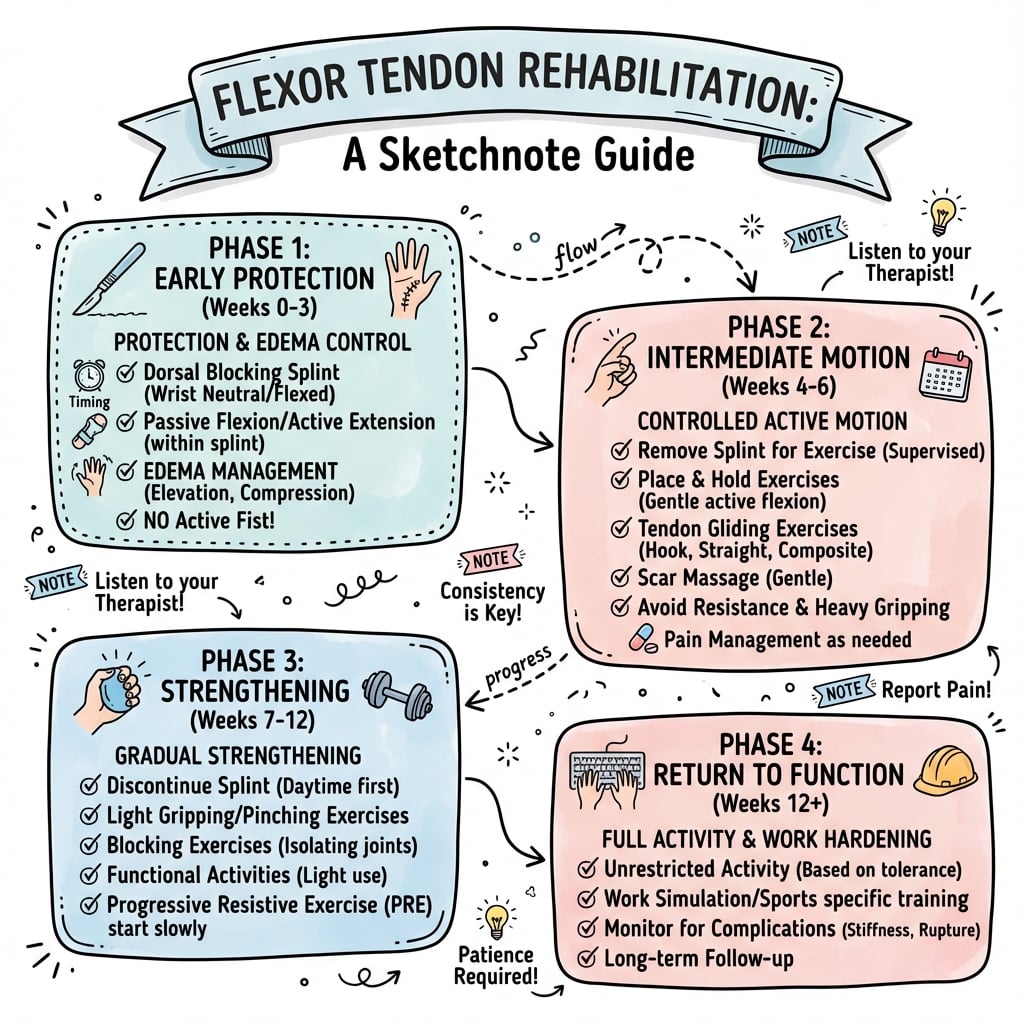 Hand-drawn medical sketchnote showing decision tree flowchart for flexor tendon rehabilitation protocol selection