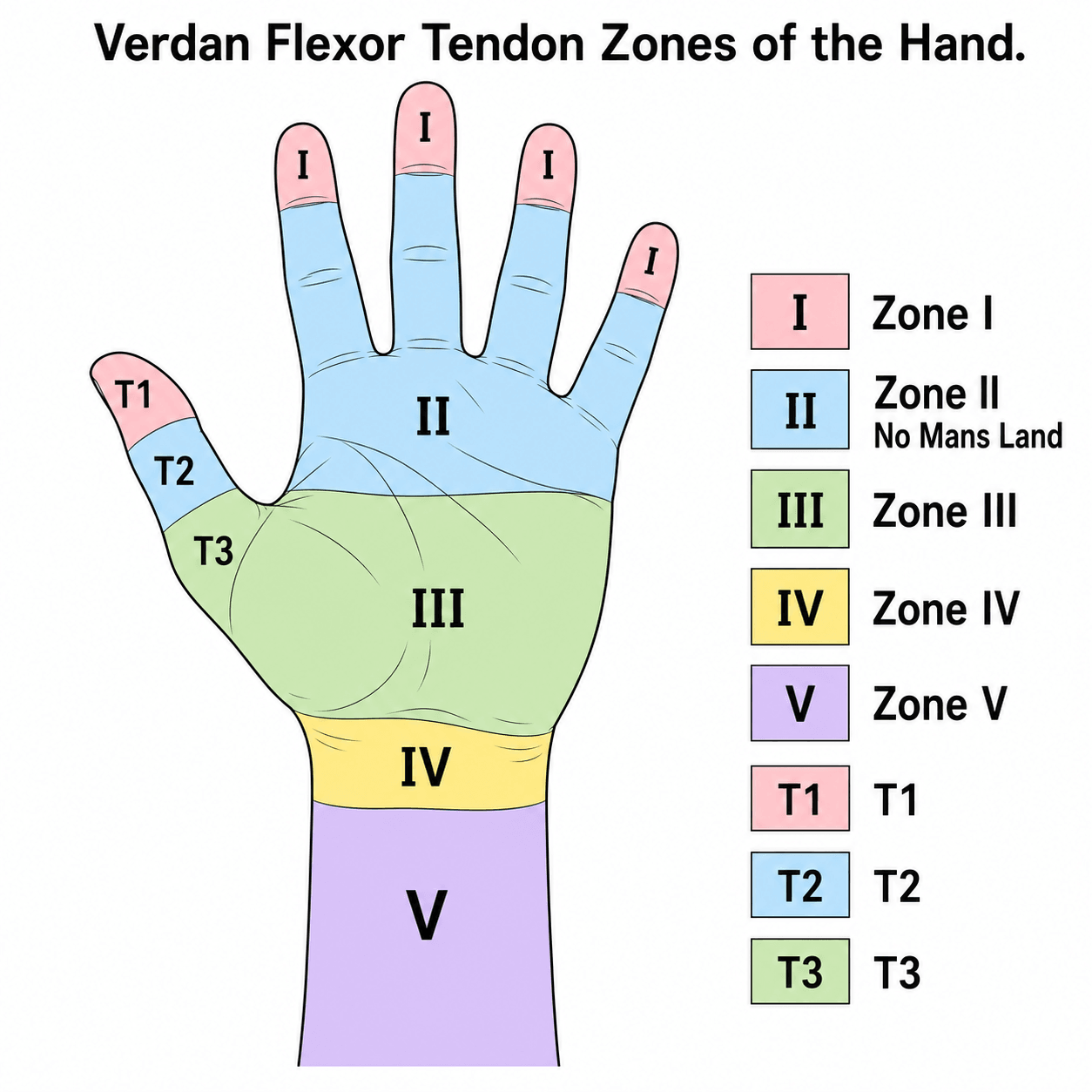 Schematic of the Verdan flexor tendon zones on a volar hand outline: Zone I at the fingertips, Zone II across the fingers (No Mans Land), Zone III in the palm, Zone IV over the carpal tunnel, Zone V in the distal forearm, plus thumb zones T1-T3.