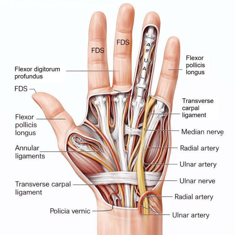 Anatomical illustration of palmar flexor tendons, pulleys and neurovascular structures