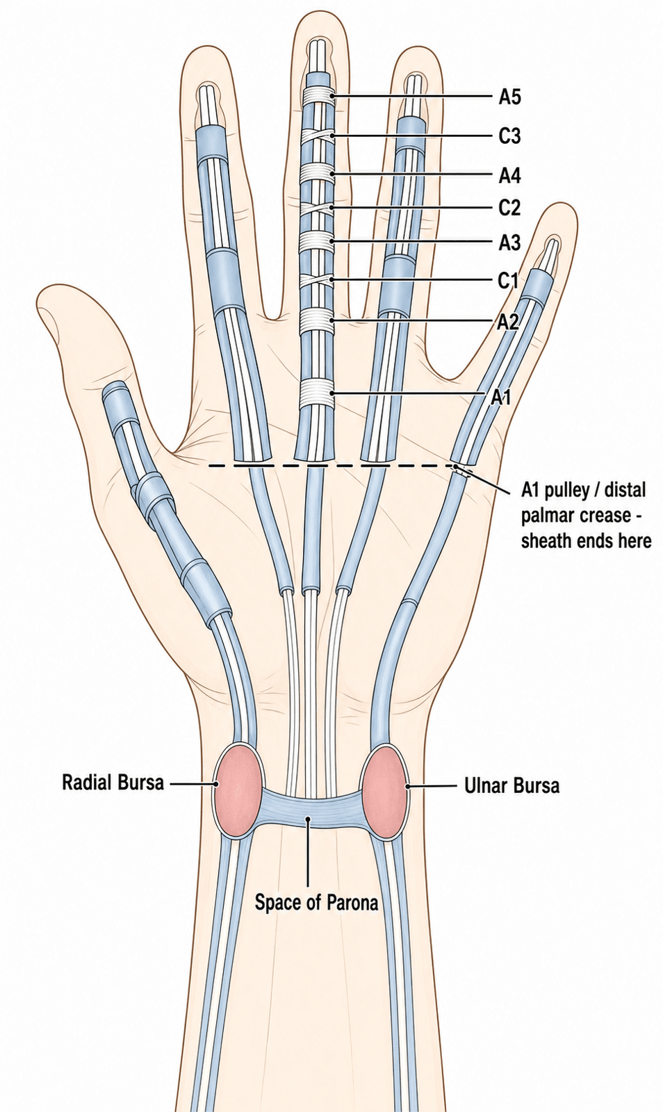 Diagram of the flexor tendon sheath, annular and cruciate pulleys, and the radial and ulnar bursae