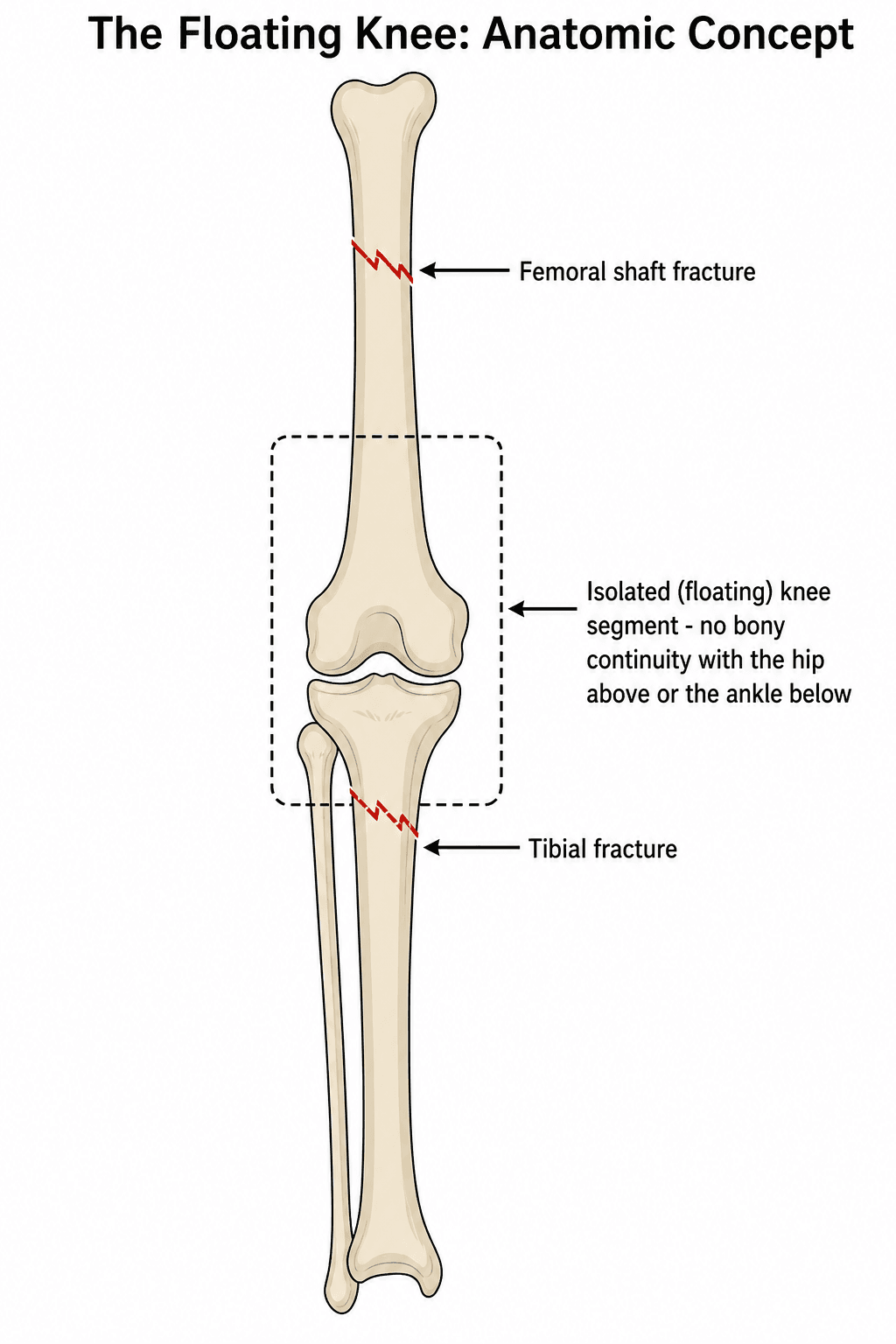 Schematic showing a femoral shaft fracture and a tibial fracture isolating the knee segment