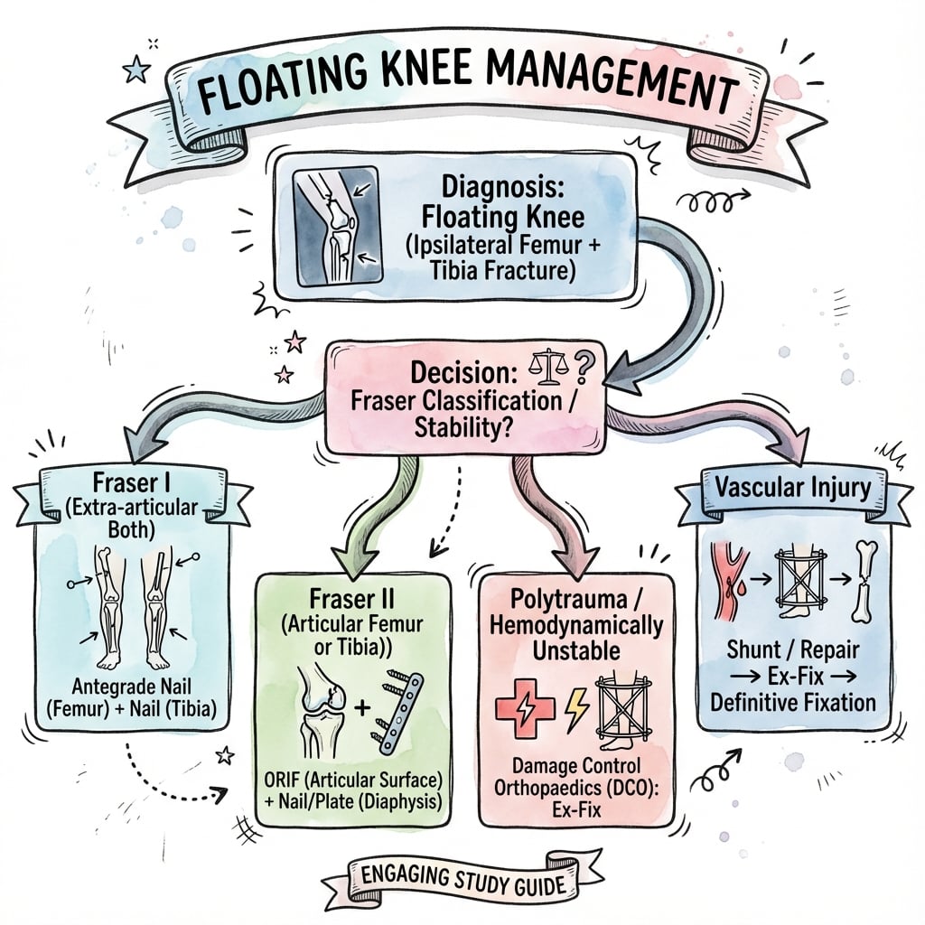 Floating knee management algorithm (hand-drawn sketchnote style)