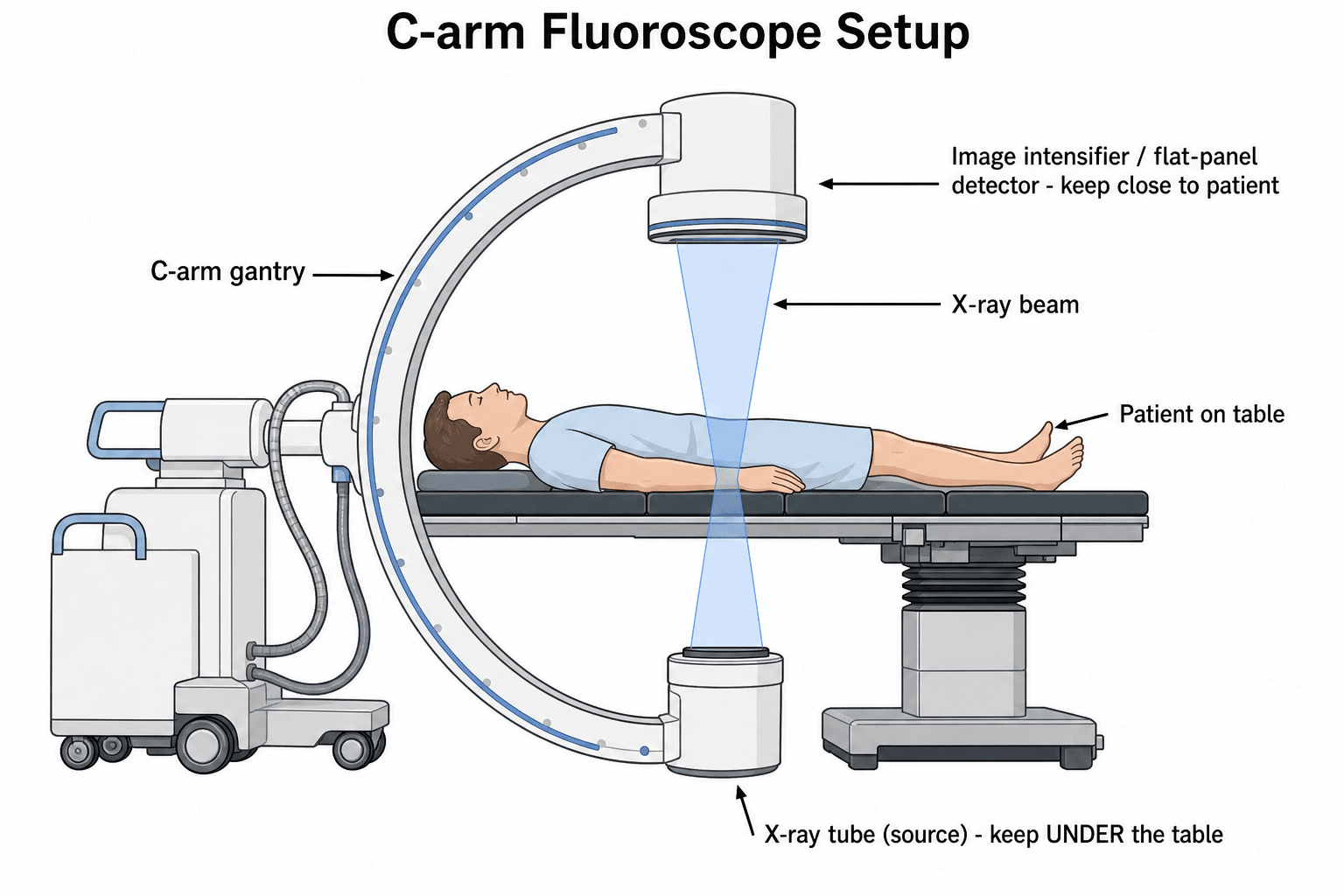 Diagram of a mobile C-arm fluoroscope over an operating table, showing the X-ray tube under the table, the patient, the detector above, the X-ray beam and the C-arm gantry.