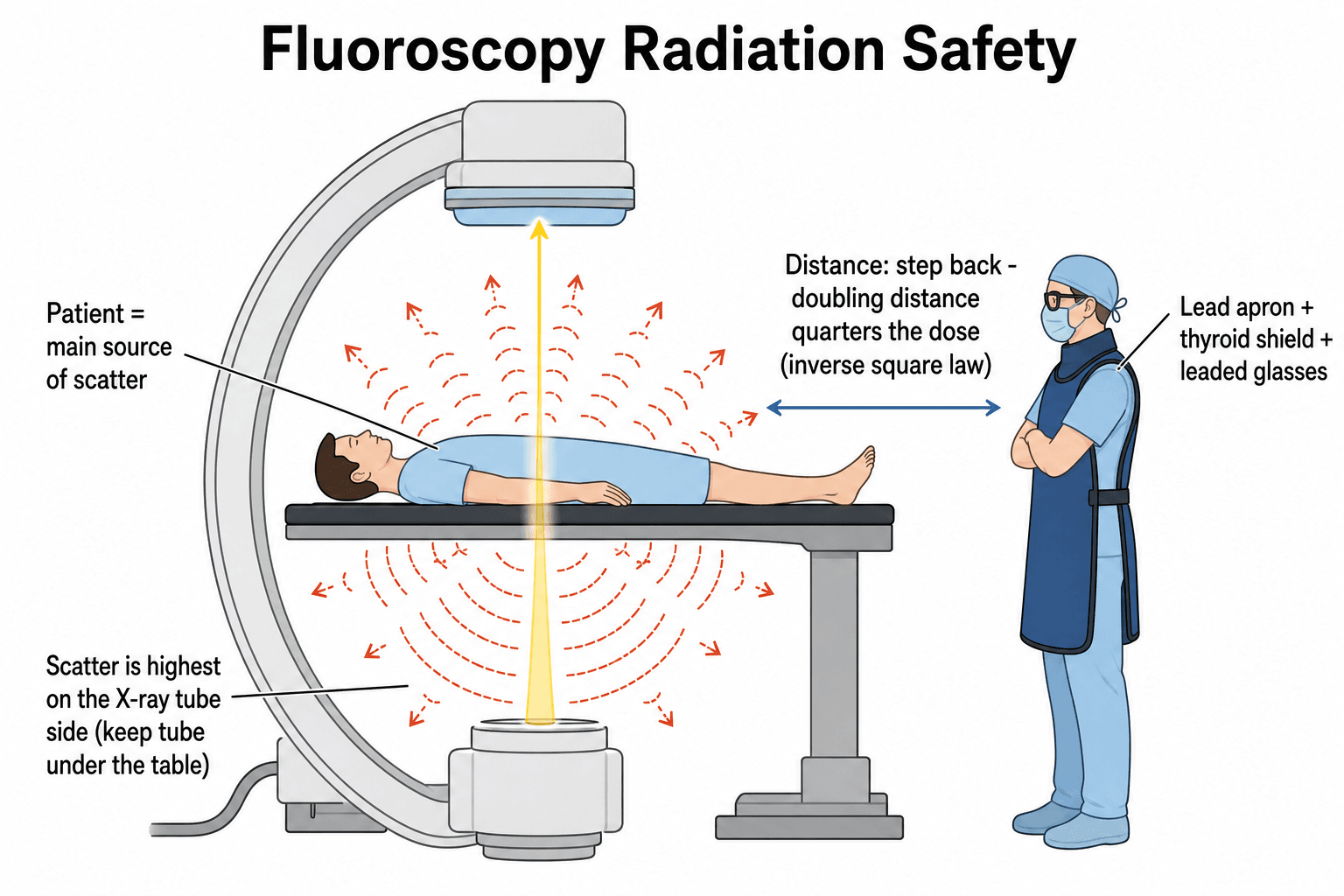 Diagram of fluoroscopy radiation scatter: the patient is the main scatter source, scatter is highest on the X-ray tube side, and the operator stands back wearing lead protection.