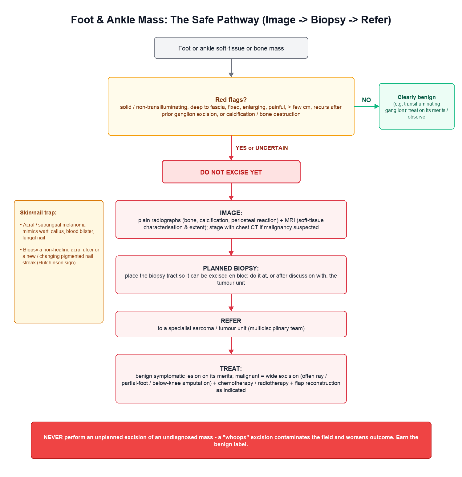 Flowchart for a foot or ankle mass: assess red flags, and for any red-flag or uncertain mass do not excise but image, plan the biopsy, refer to a sarcoma unit and then treat, with a melanoma trap box and a warning against unplanned excision