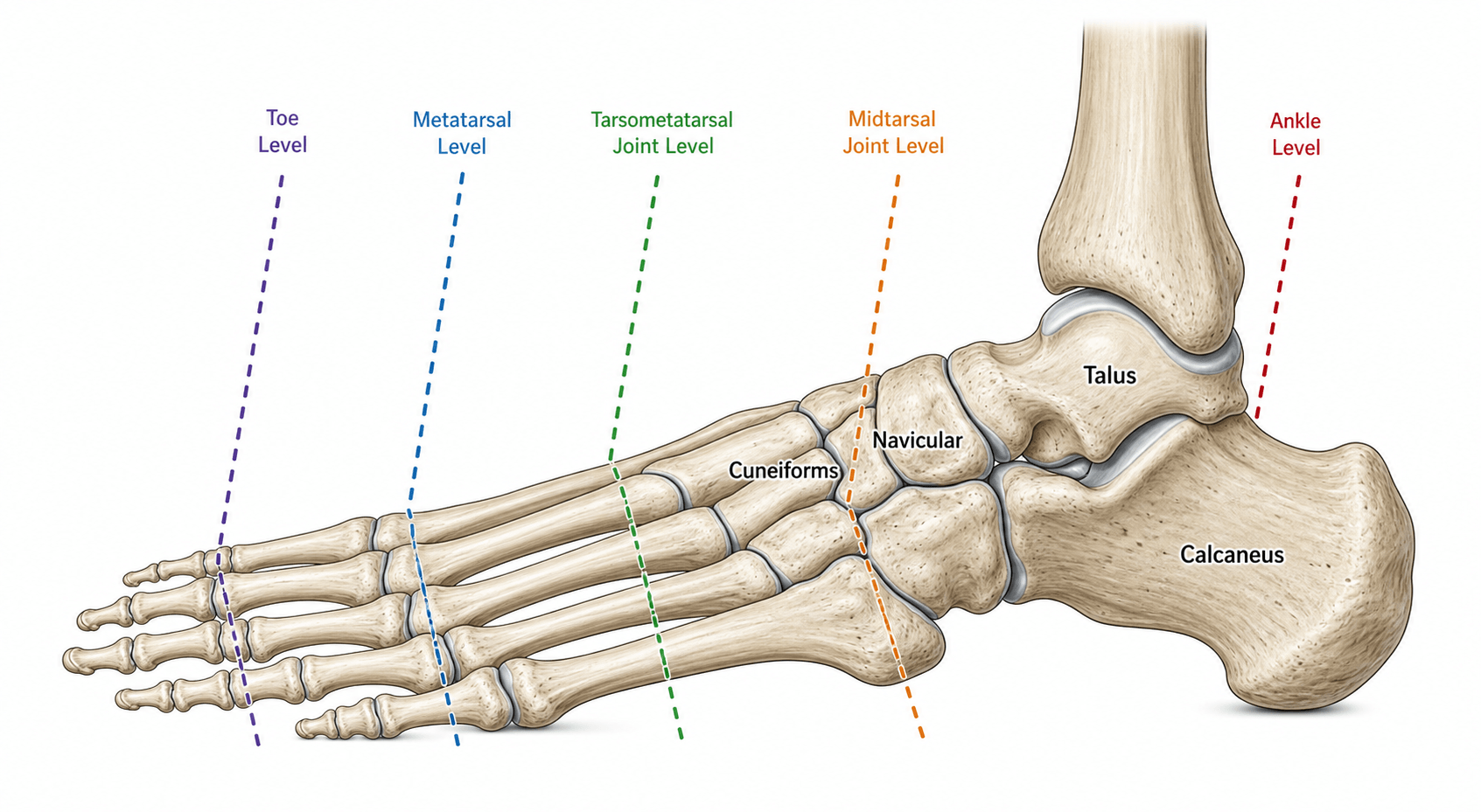 Diagram of a foot skeleton with the partial foot amputation levels marked from toe to ankle.