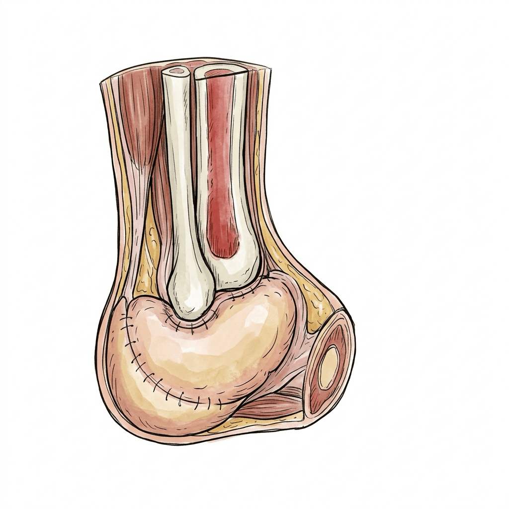 Sagittal schematic of a Syme ankle-disarticulation amputation with the heel fat pad brought up under the distal tibia.