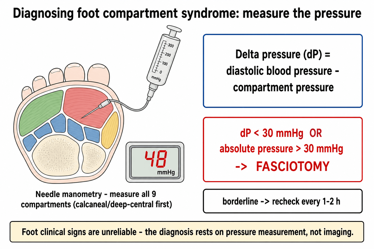 Diagram of foot compartment pressure measurement with needle manometry and the delta-pressure fasciotomy threshold