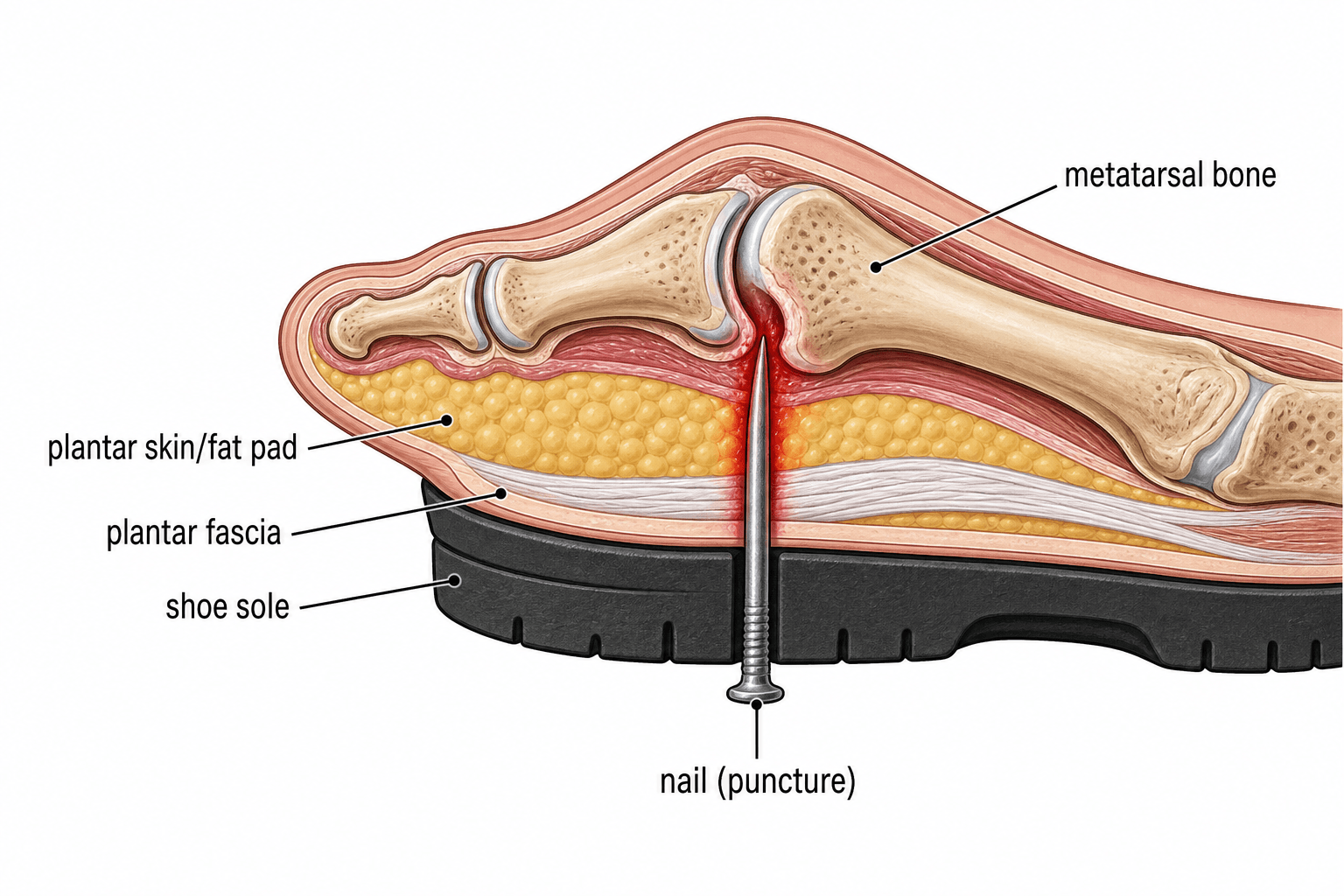 Sagittal cross-section of the forefoot showing a nail puncturing up through a shoe sole into the deep plantar tissues toward the metatarsophalangeal joint