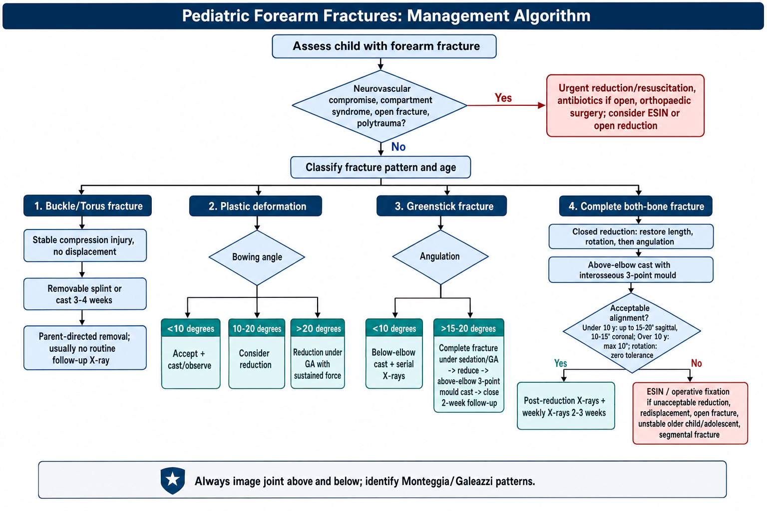 Flowchart of paediatric forearm fracture management: an initial check for neurovascular compromise, compartment syndrome, open fracture or polytrauma, then pathways for buckle, plastic deformation, greenstick and complete both-bone fractures by angulation and age