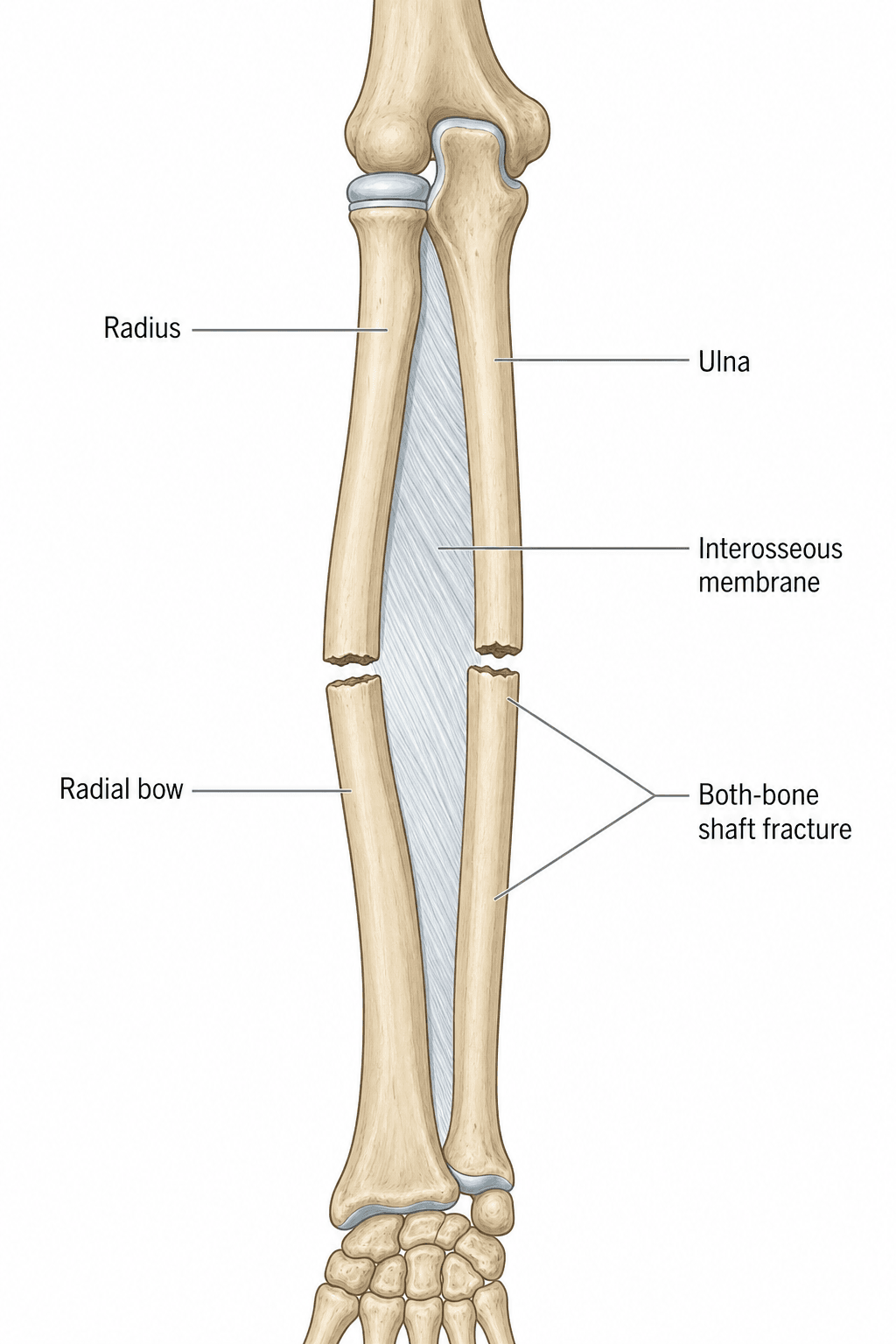Labelled AP diagram of the adult forearm bones showing a both-bone shaft fracture, the interosseous membrane and the radial bow.