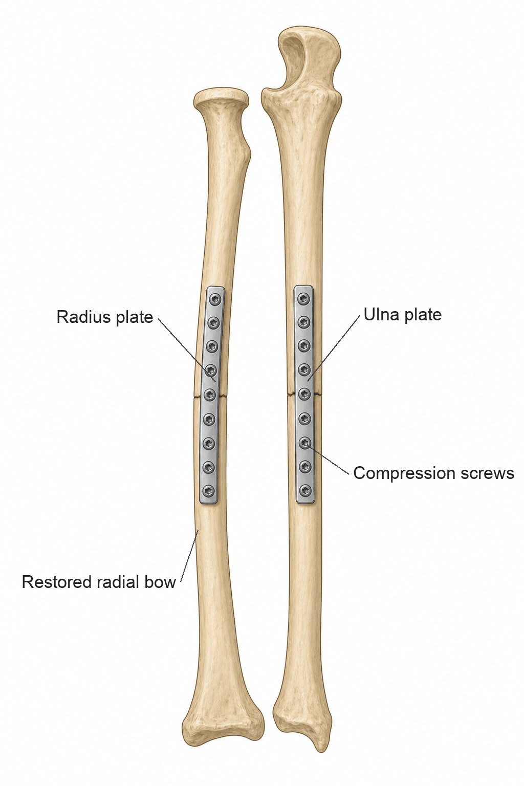 Labelled AP diagram of an adult both-bone forearm fracture after open reduction and internal fixation with a compression plate on each of the radius and ulna.
