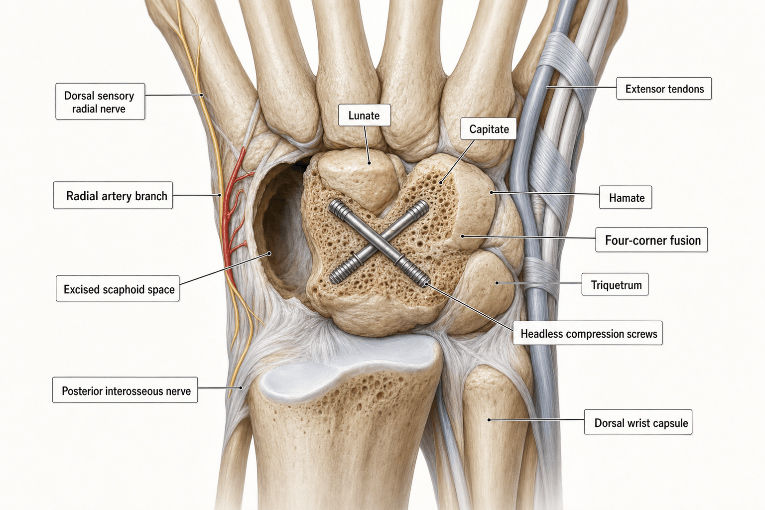 Four-corner fusion: scaphoid excision + capitate-lunate-hamate-triquetrum arthrodesis for SLAC/SNAC wrist