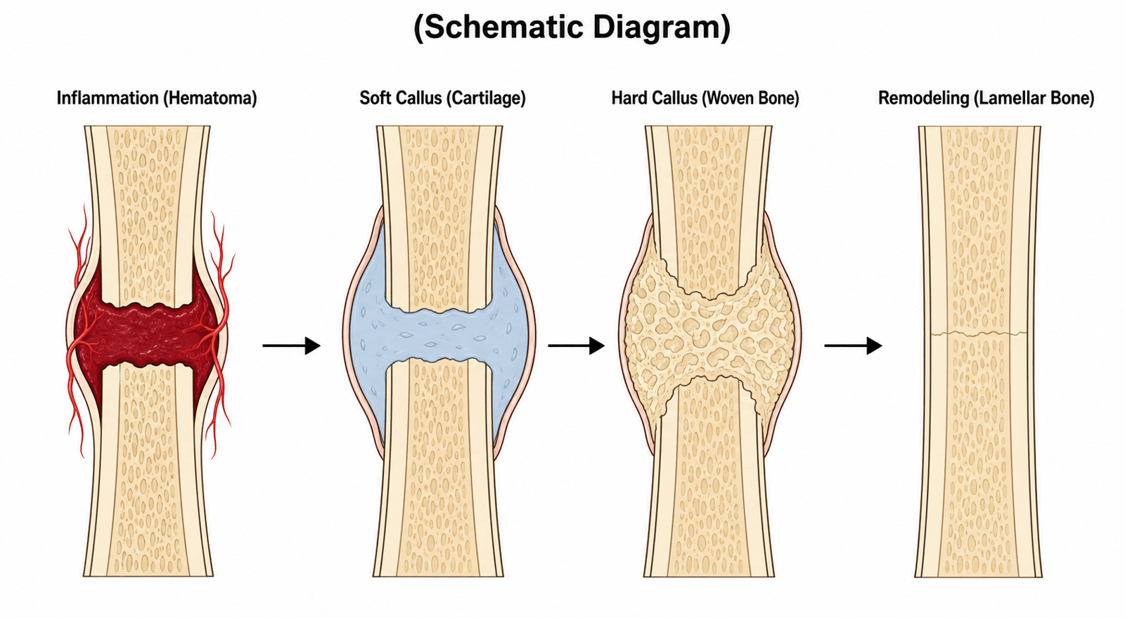 Schematic diagram of the four phases of secondary fracture healing: inflammation/hematoma, soft callus/cartilage, hard callus/woven bone, and remodeling/lamellar bone