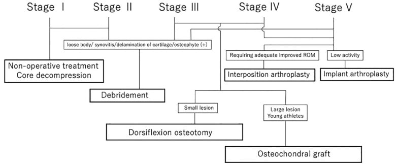 Treatment algorithm for Freiberg disease mapping Smillie stages I to V to non-operative care, core decompression, debridement, dorsiflexion osteotomy, osteochondral graft, interposition and implant arthroplasty
