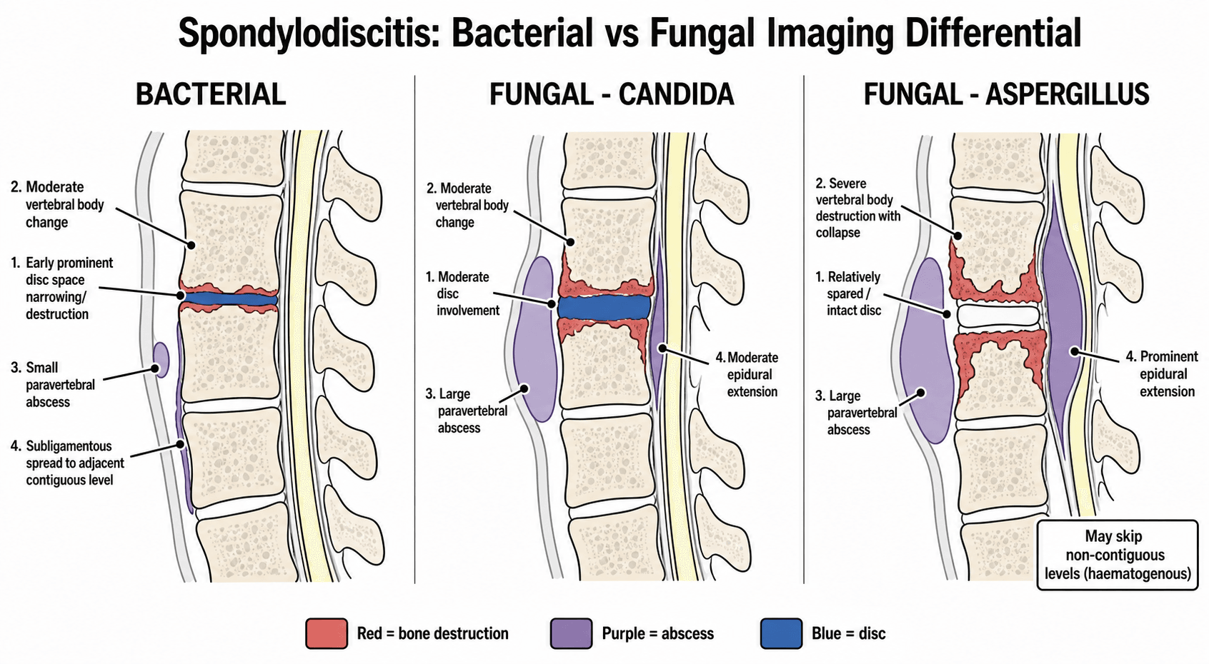 Schematic comparison of bacterial versus fungal (Candida and Aspergillus) spondylodiscitis showing disc involvement, vertebral body destruction, paravertebral abscess and epidural extension.