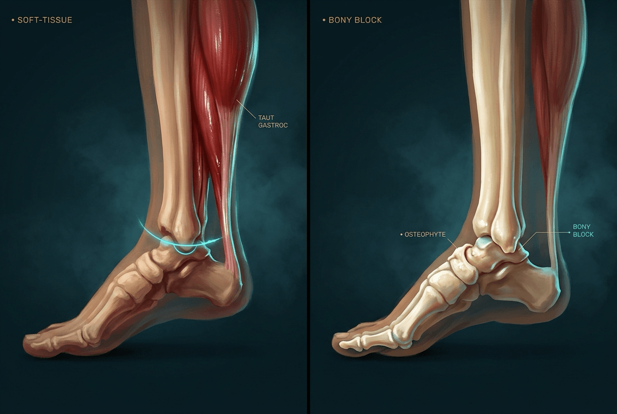 Two-panel sagittal anatomy: left, taut gastrocnemius limiting dorsiflexion; right, an anterior tibiotalar osteophyte creating a bony block.
